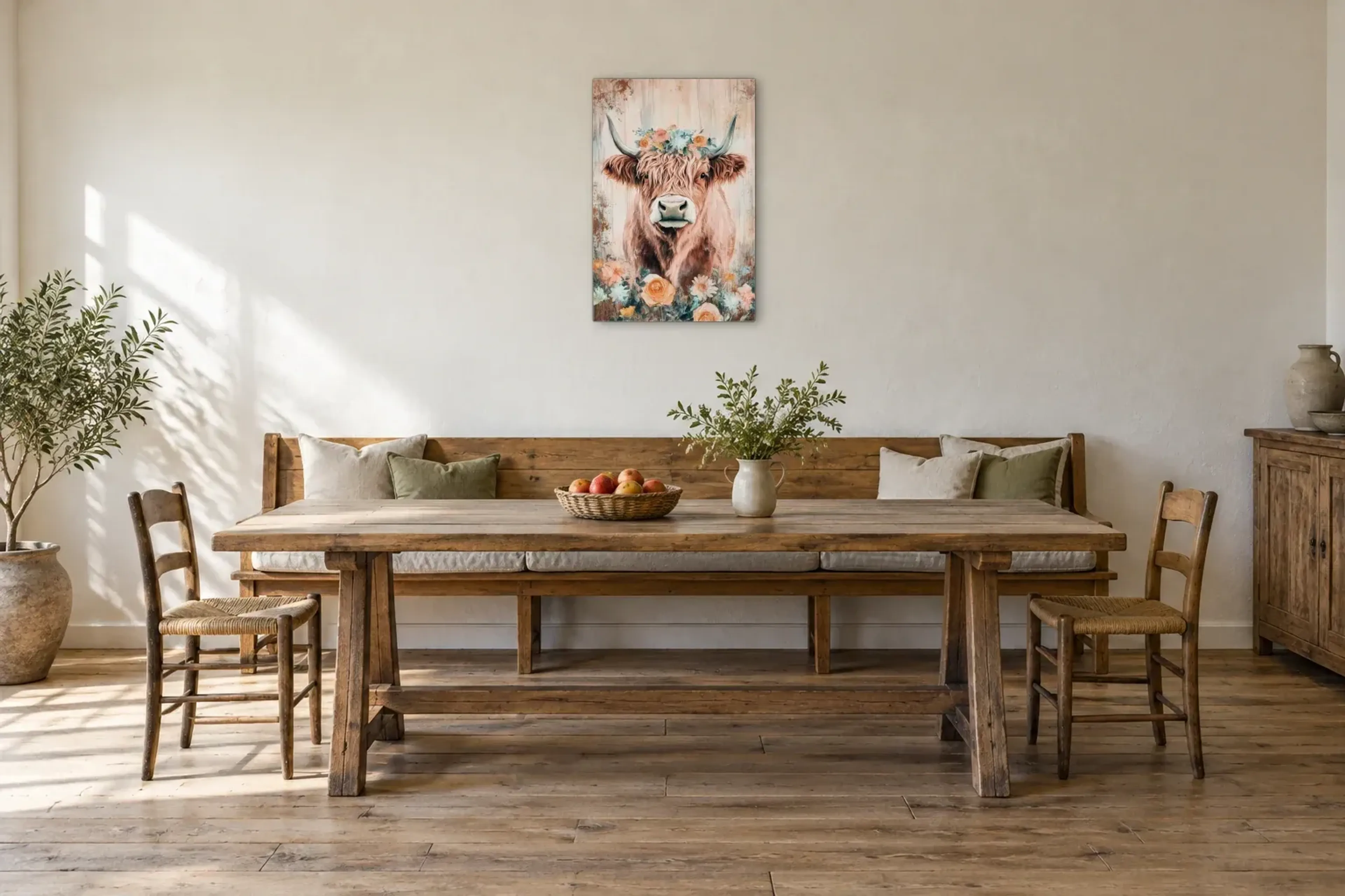 Hochlandrind mit Blumenkranz als Wandbild über einer 200-cm-Sitzbank