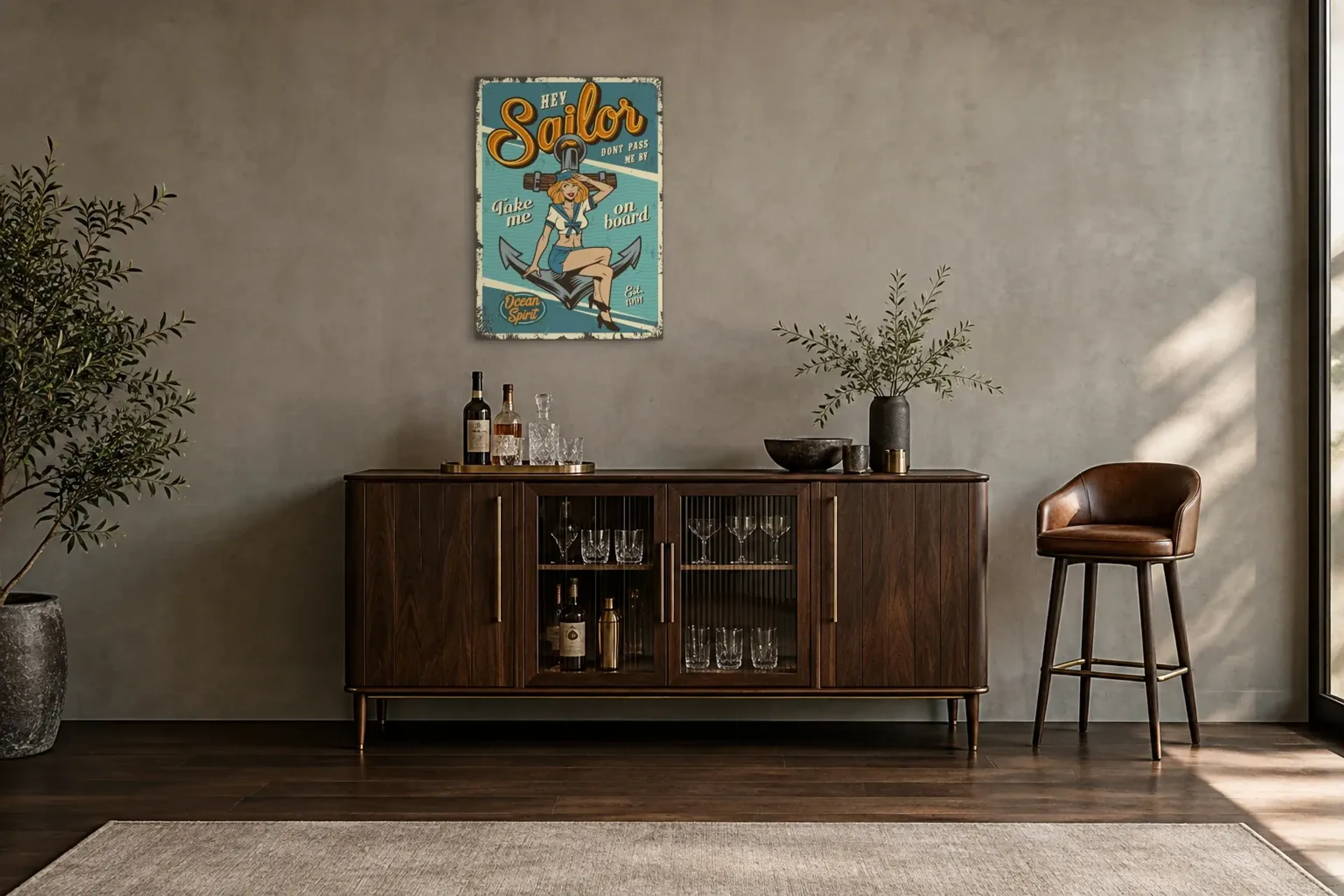 Matrosin auf Anker aus der Kollektion Vintage-Schilder als Wandbild im Raum