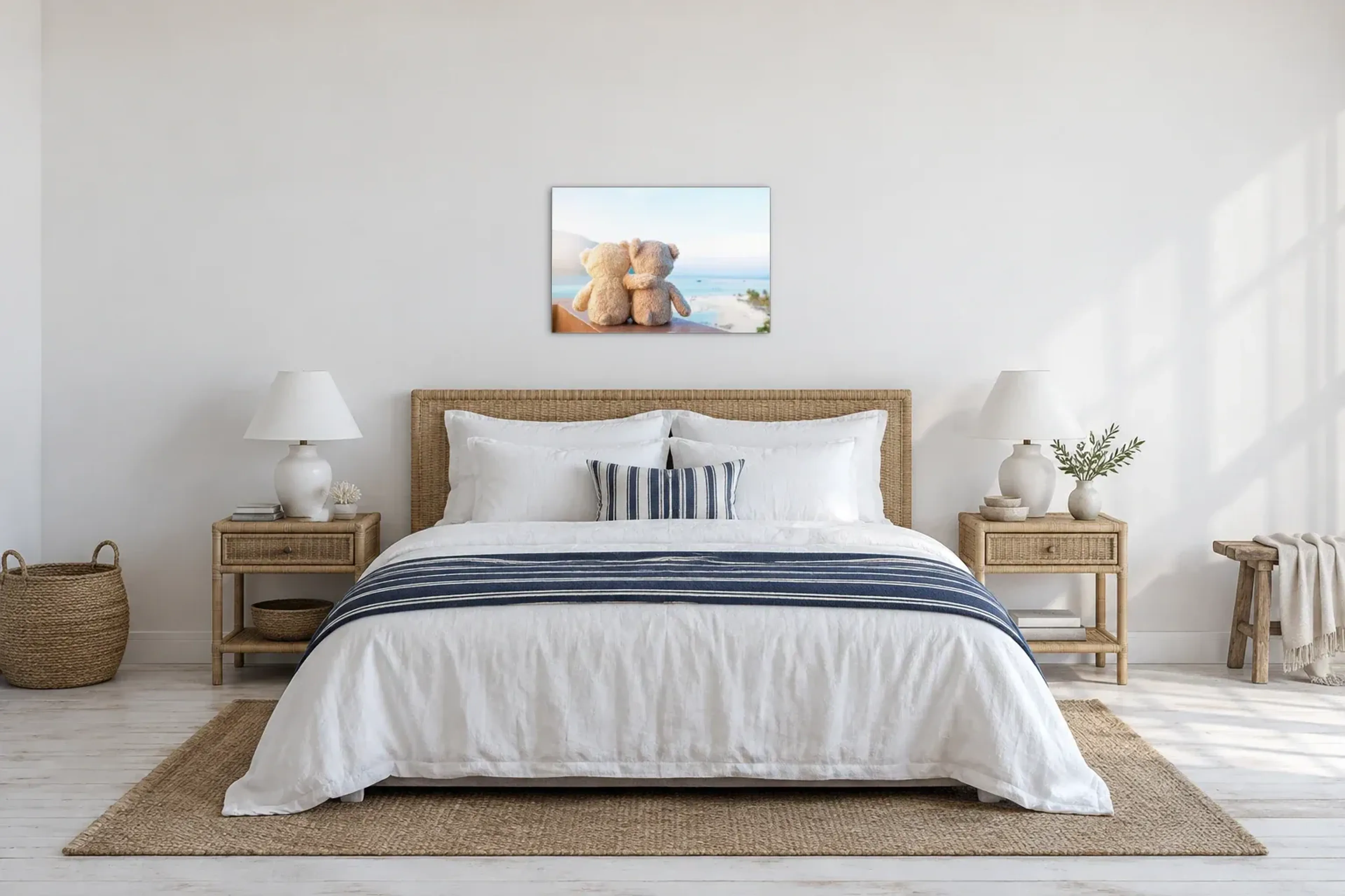 Teddys mit Meerblick als Wandbild über einem 180-cm-Bett