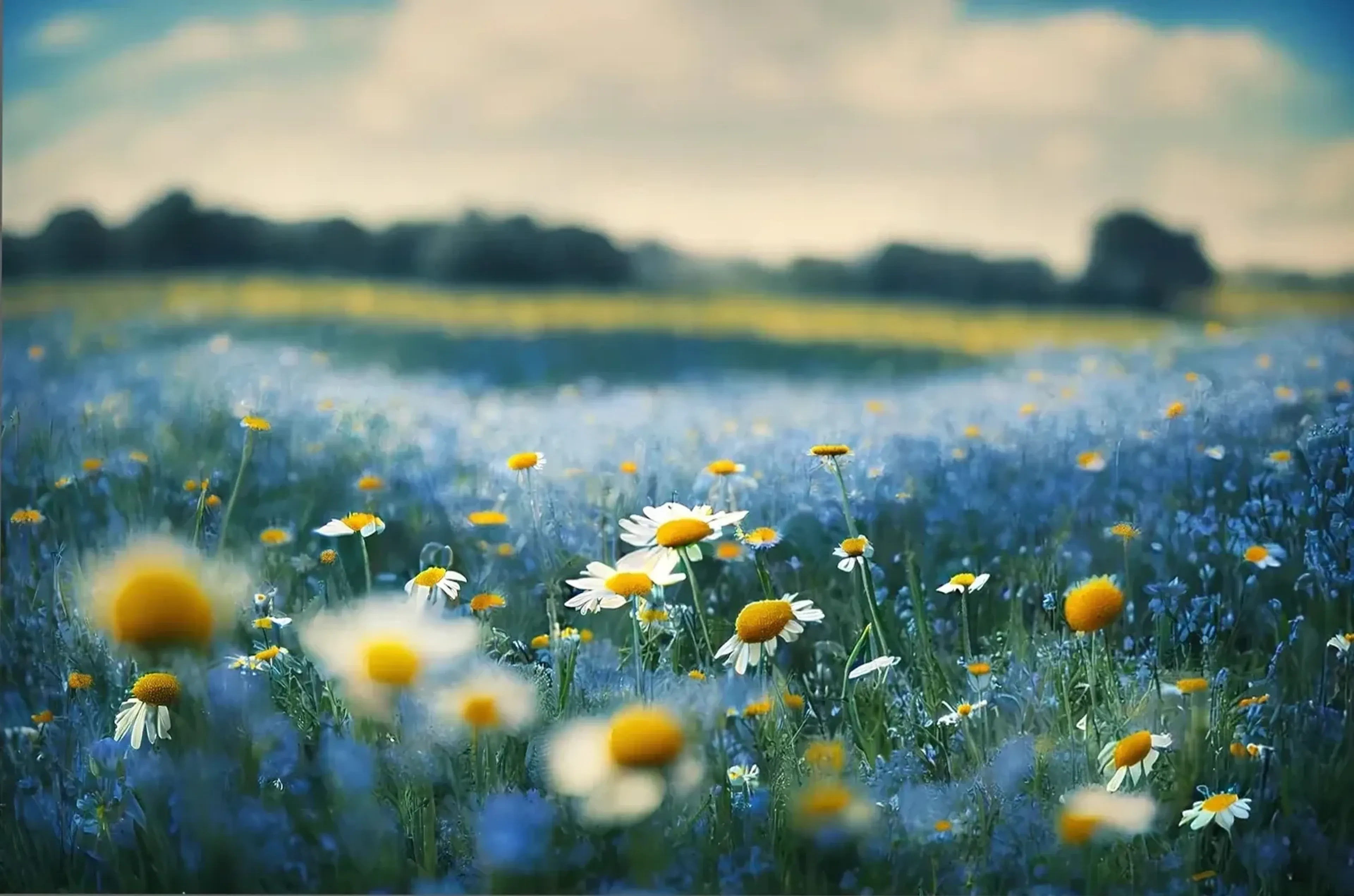 Weiße Blüten mit gelben Mitten wachsen in einer blauen Blumenwiese vor einer fernen Baumreihe und hellem Himmel.