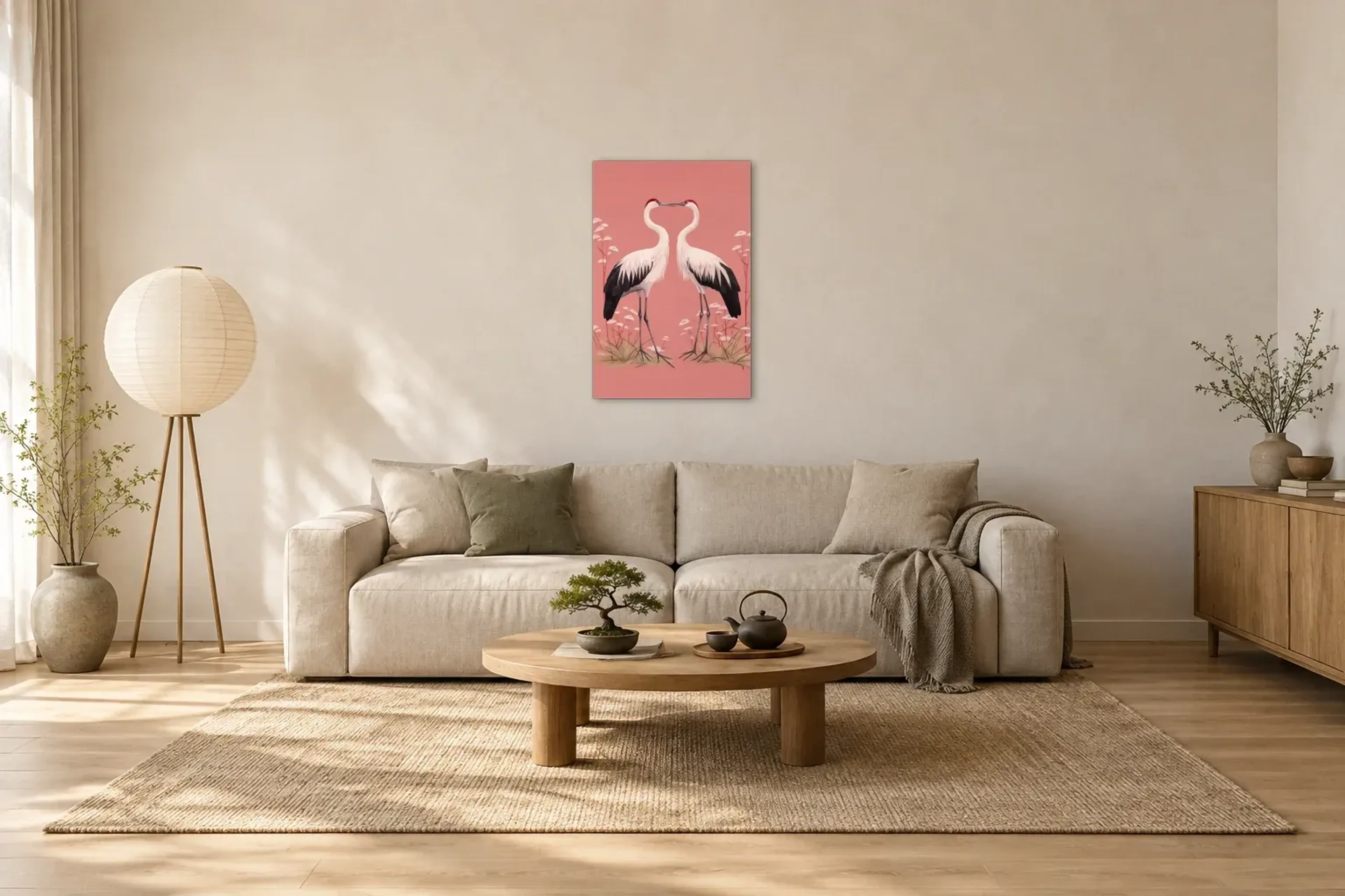 Vogelpaar auf Rosa als Wandbild über einem 220-cm-Sofa