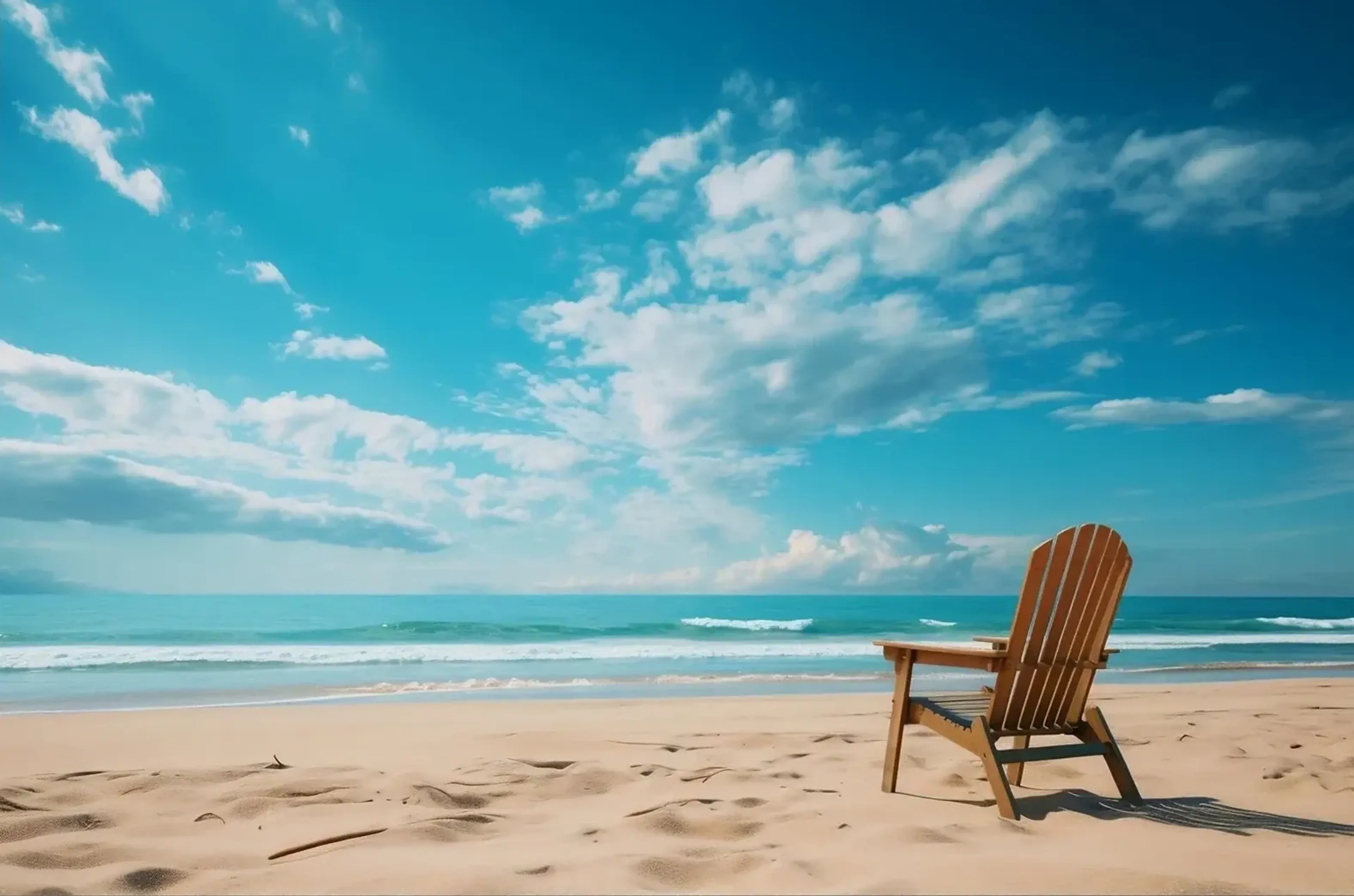 Ein einzelner Holzstuhl steht auf hellem Sand vor türkisblauem Meer und einem Himmel mit weißen Wolken.