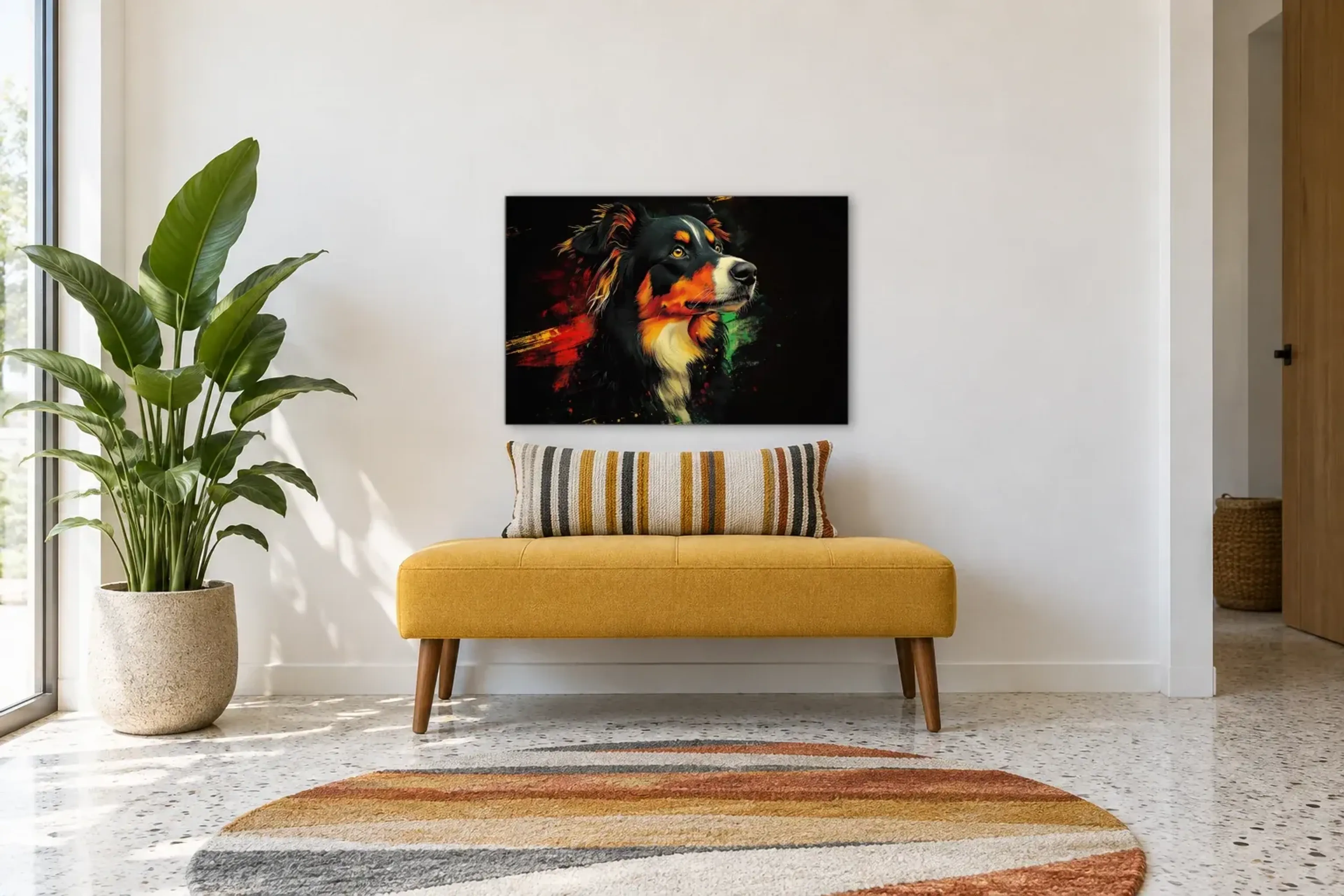 Australian Shepherd als Wandbild über einer 120-cm-Bank