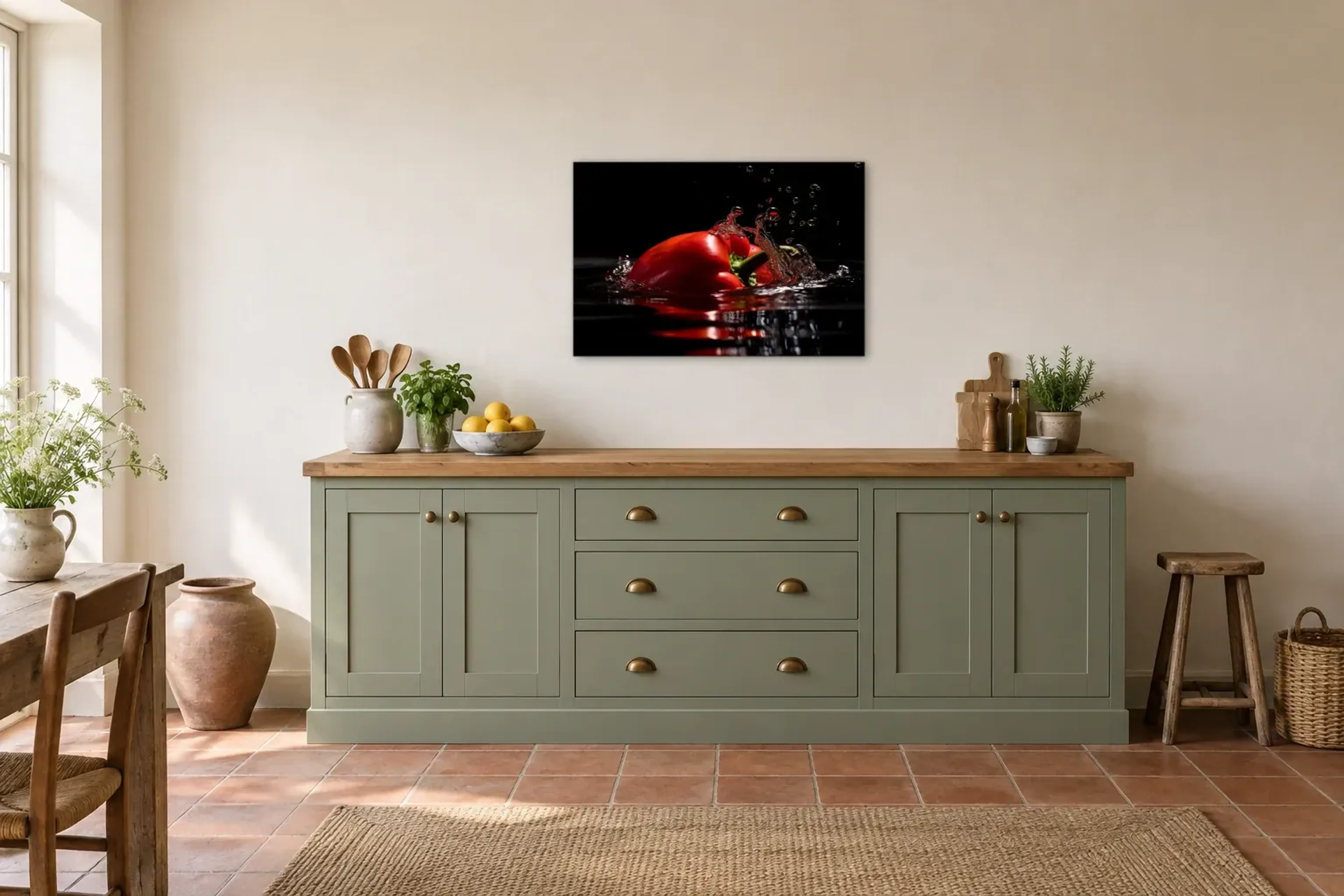 Paprika im Wasser als Wandbild über einer 200-cm-Arbeitsplatte