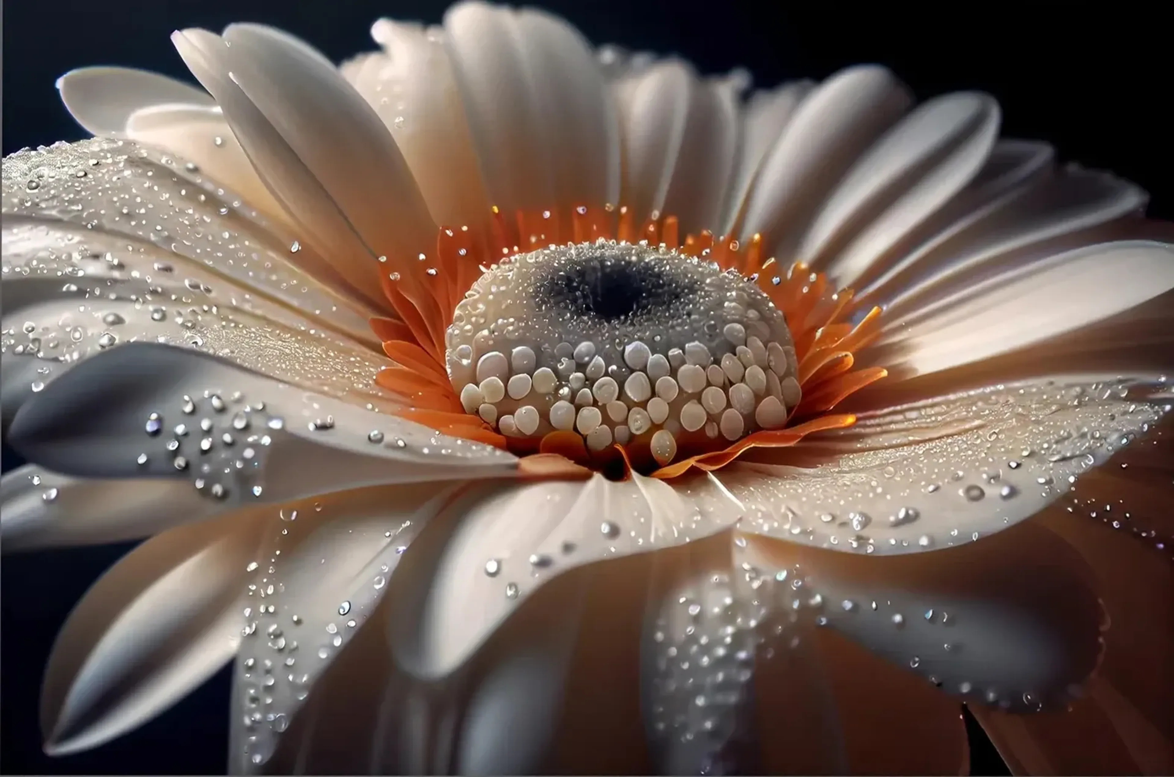 Cremeweiße Blüte mit orangefarbenem innerem Kranz und zahlreichen Wassertropfen vor dunklem Hintergrund.