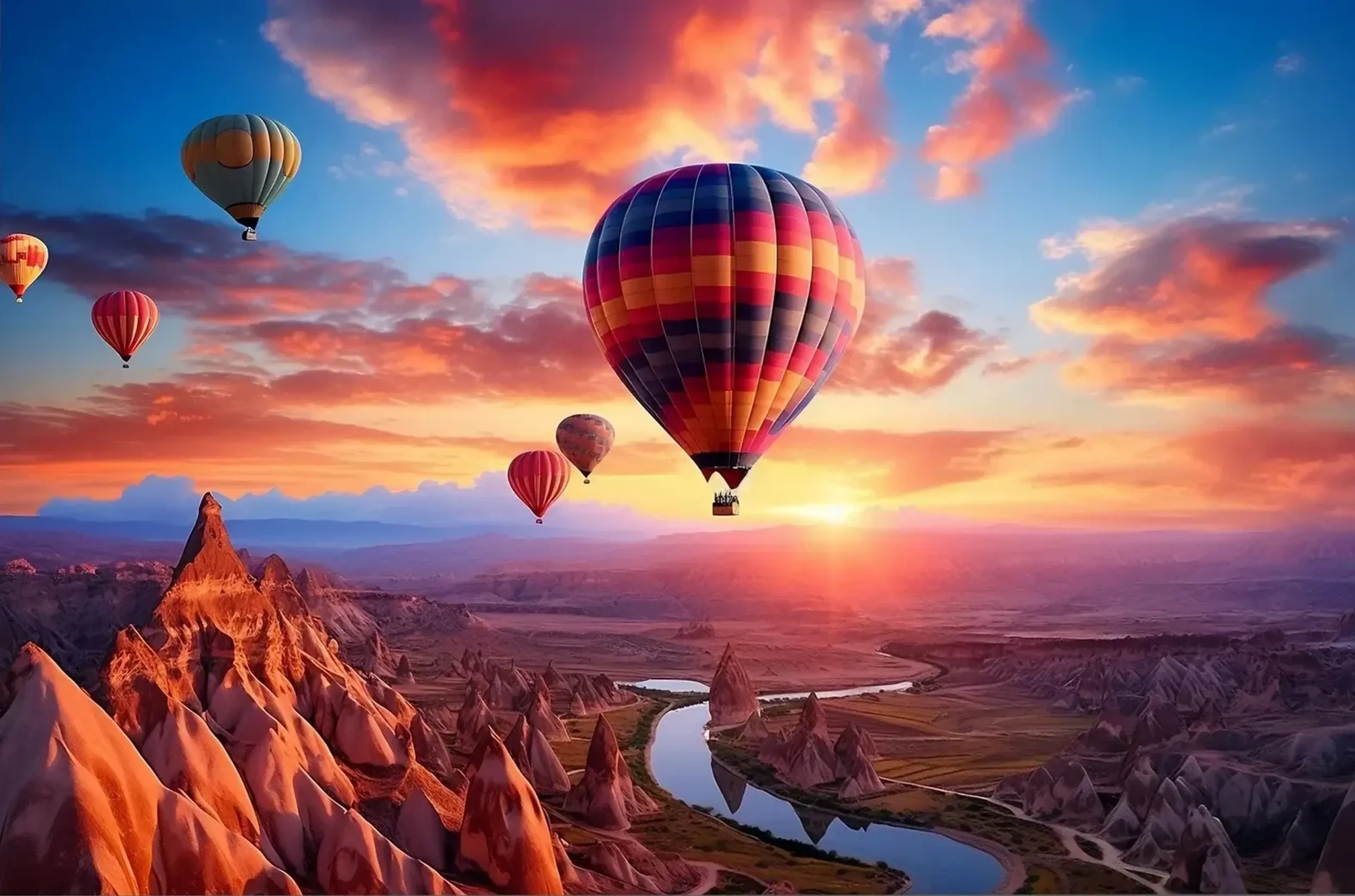 Bunte Heißluftballons schweben über einer Felslandschaft mit Fluss unter orange und rosa leuchtenden Wolken.