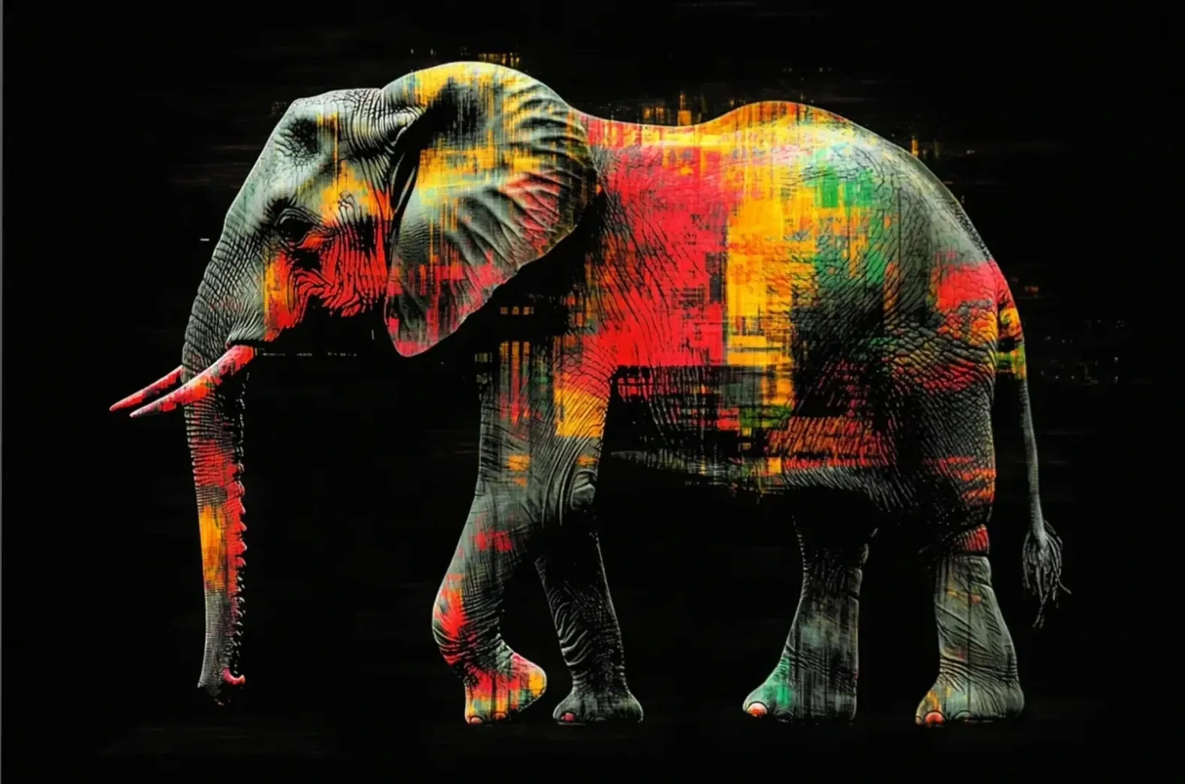 Elefant mit gesenktem Rüssel und roten, gelben sowie grünen Farbflächen vor schwarzem Hintergrund.