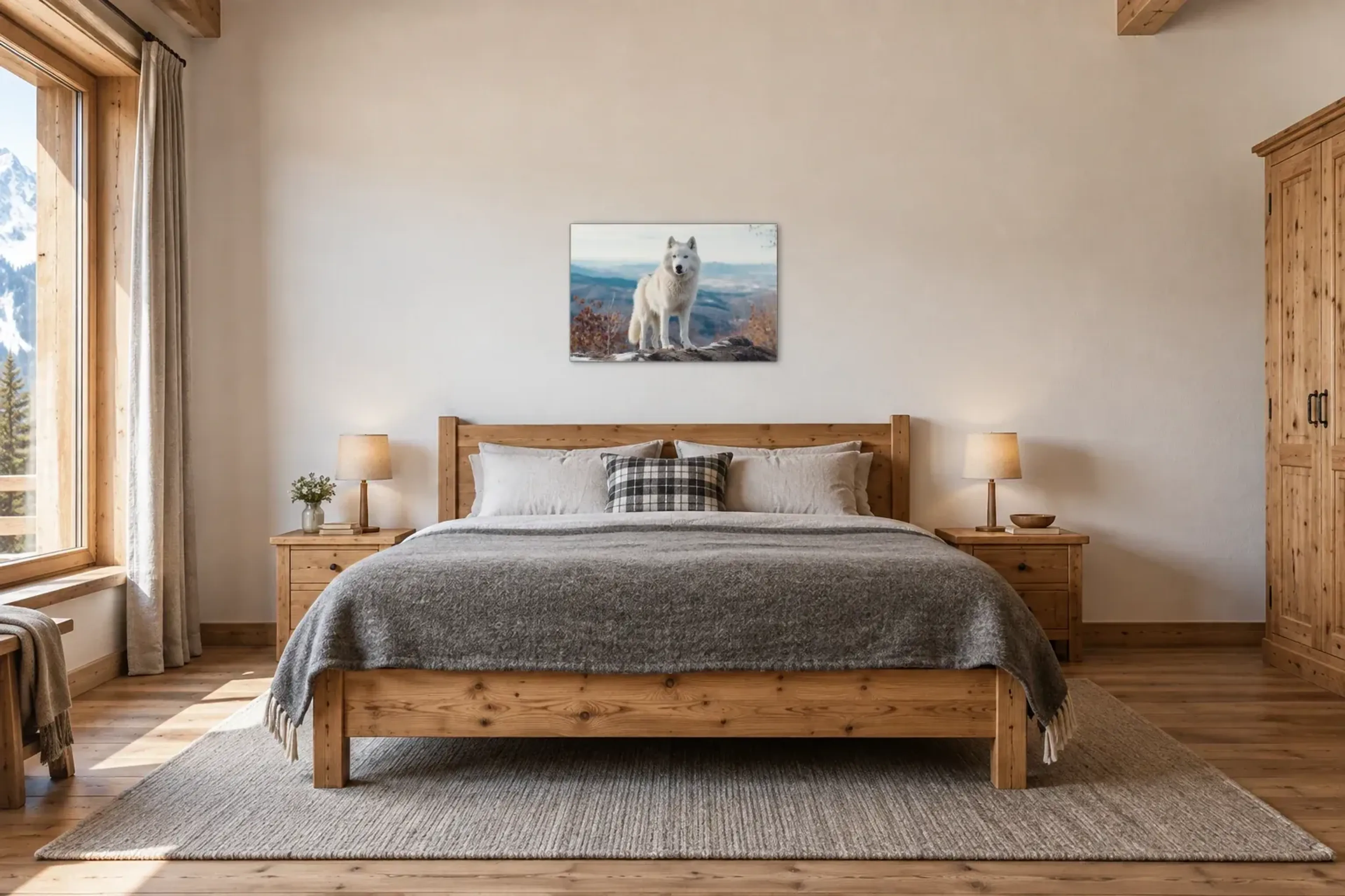 Weißer Wolf auf Felsen als Wandbild über einem 180-cm-Bett