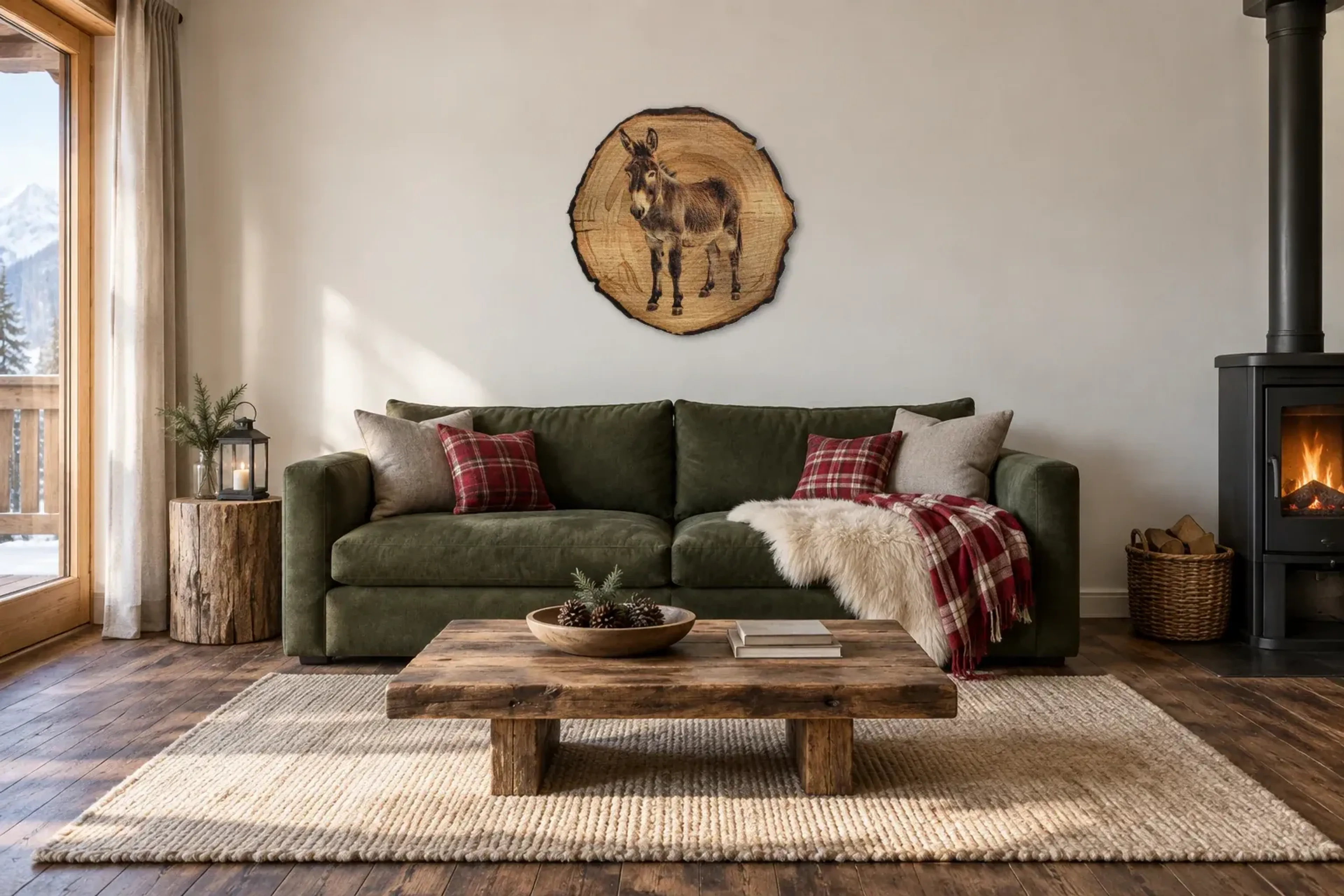 Esel als Wandbild über einem 220-cm-Sofa