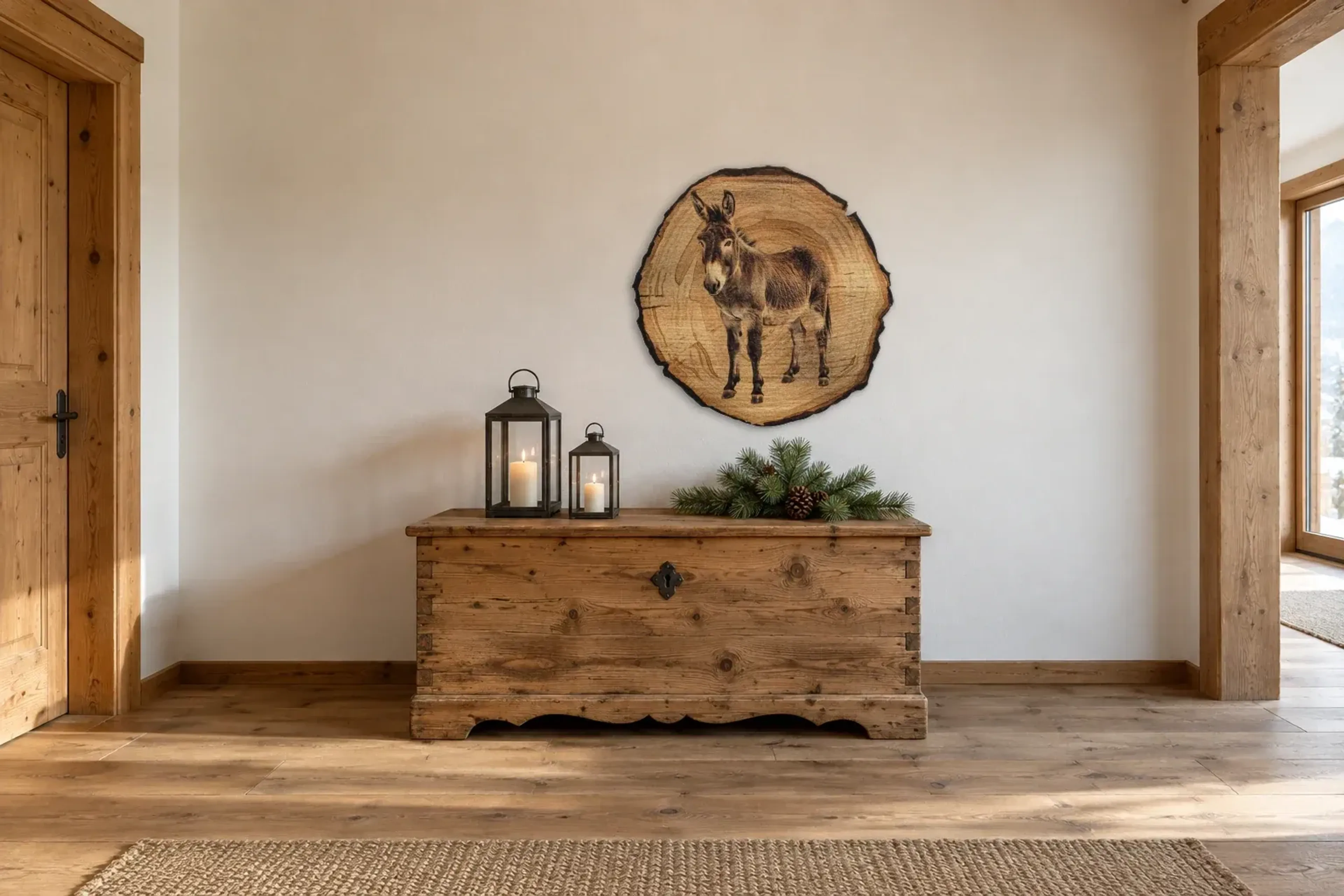 Esel als Wandbild über einer 140-cm-Truhe