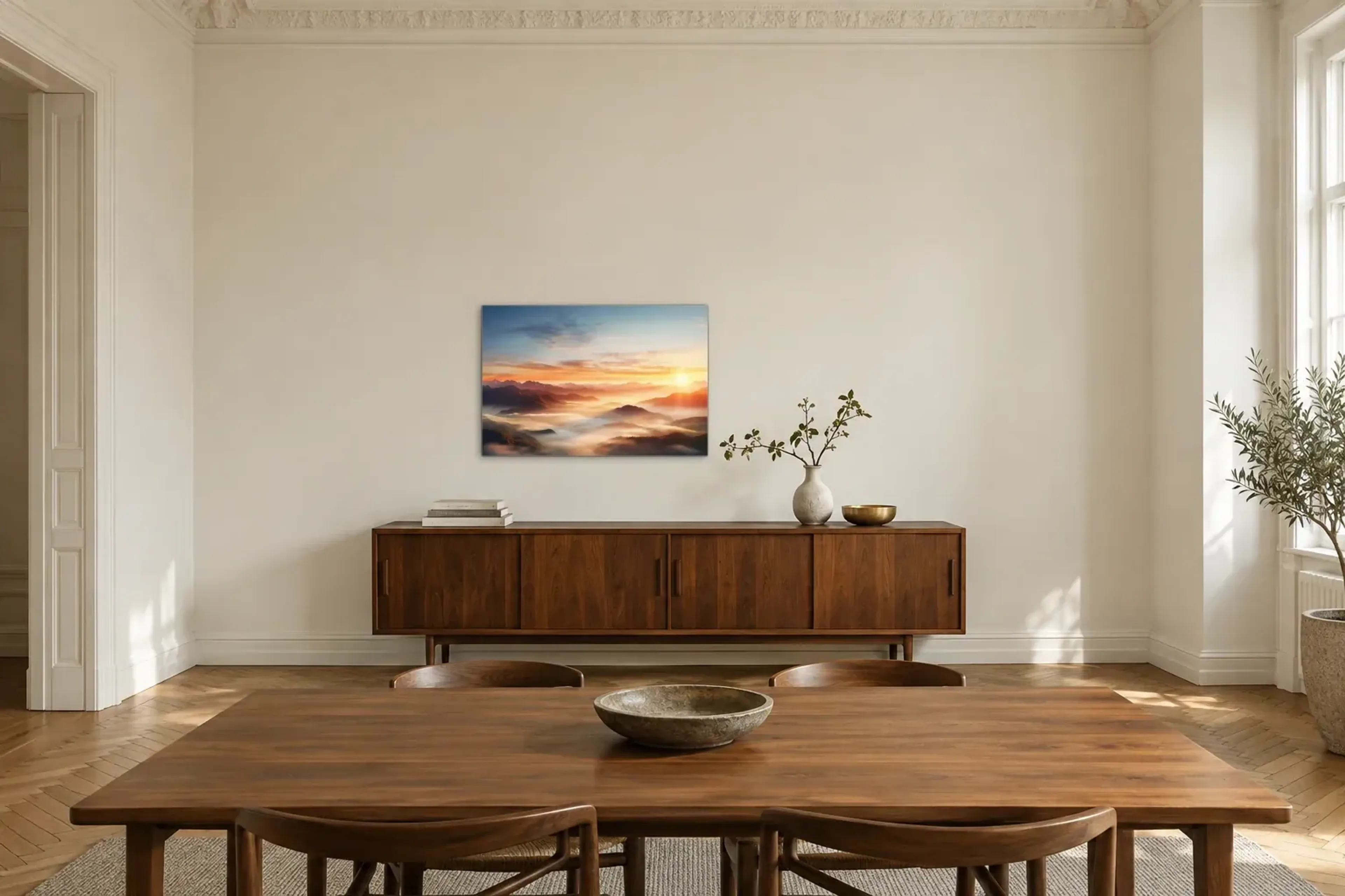 Sonnenaufgang über Nebeltälern als Wandbild über einem 200-cm-Sideboard
