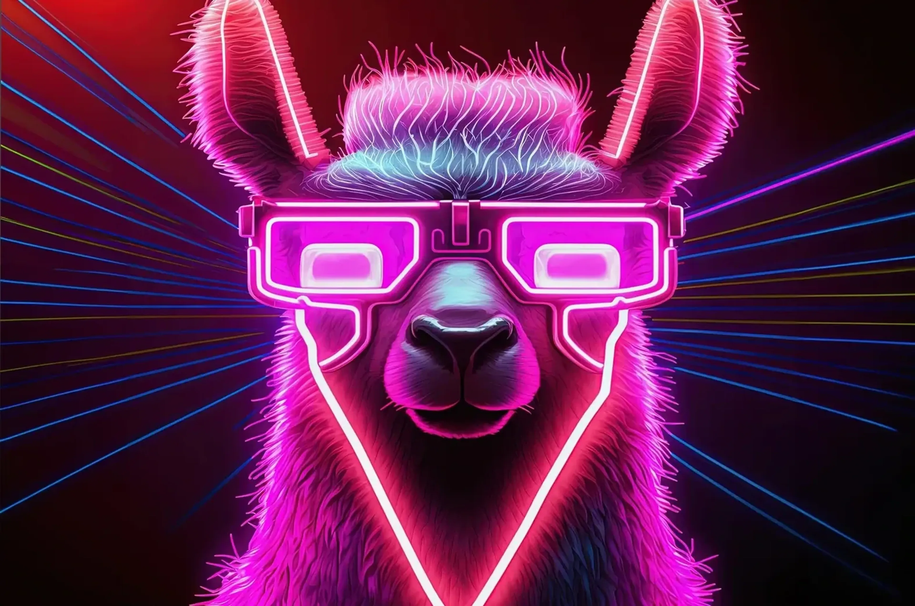 Ein Lama mit aufgestellten Ohren trägt eine pink leuchtende Brille vor einem Hintergrund mit bunten Lichtlinien.