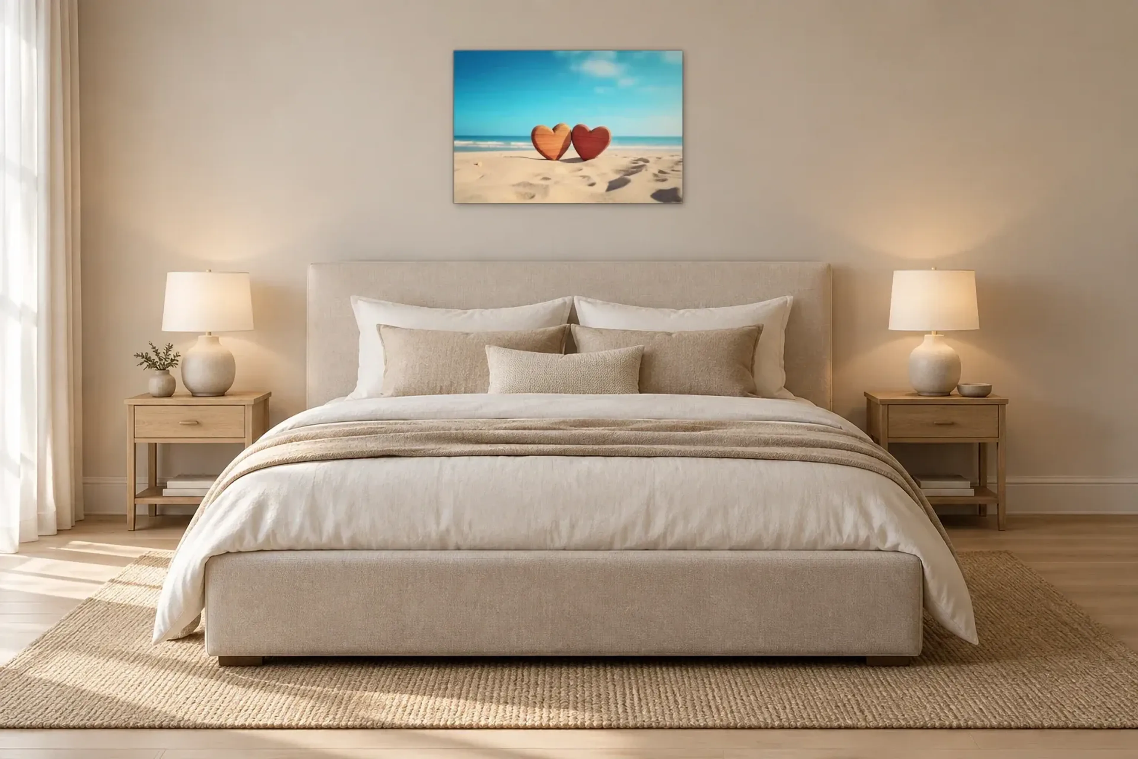 Zwei Herzen am Strand als Wandbild über einem 180-cm-Bett