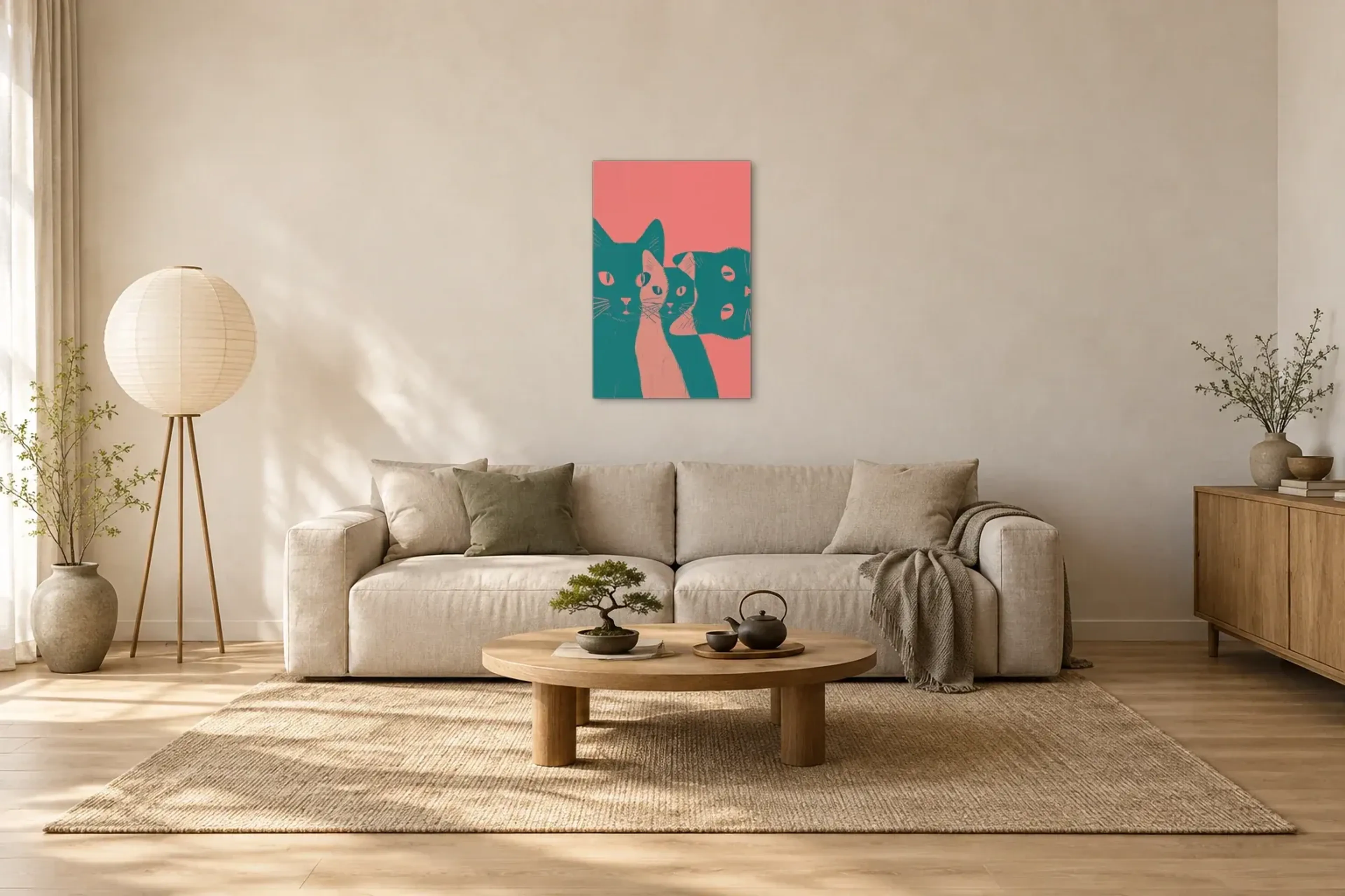 Katzen in Petrol als Wandbild über einem 220-cm-Sofa