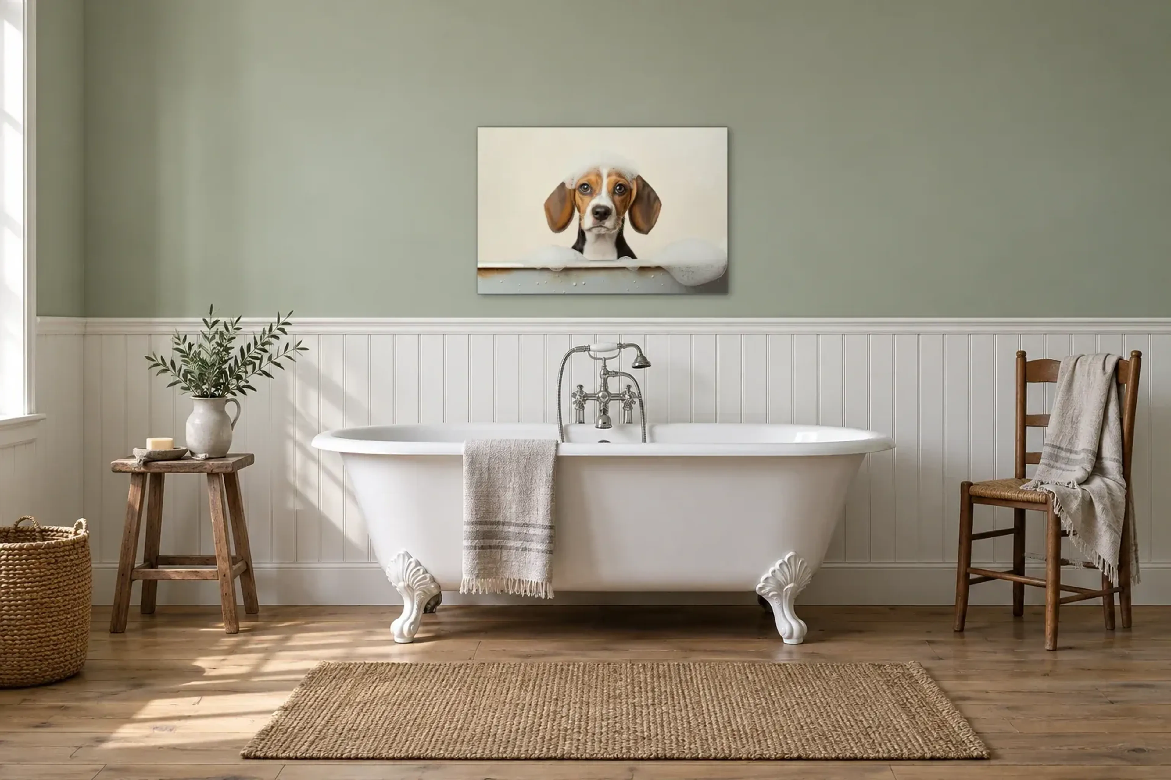 Beagle im Schaumbad als Wandbild über einer 170-cm-Badewanne