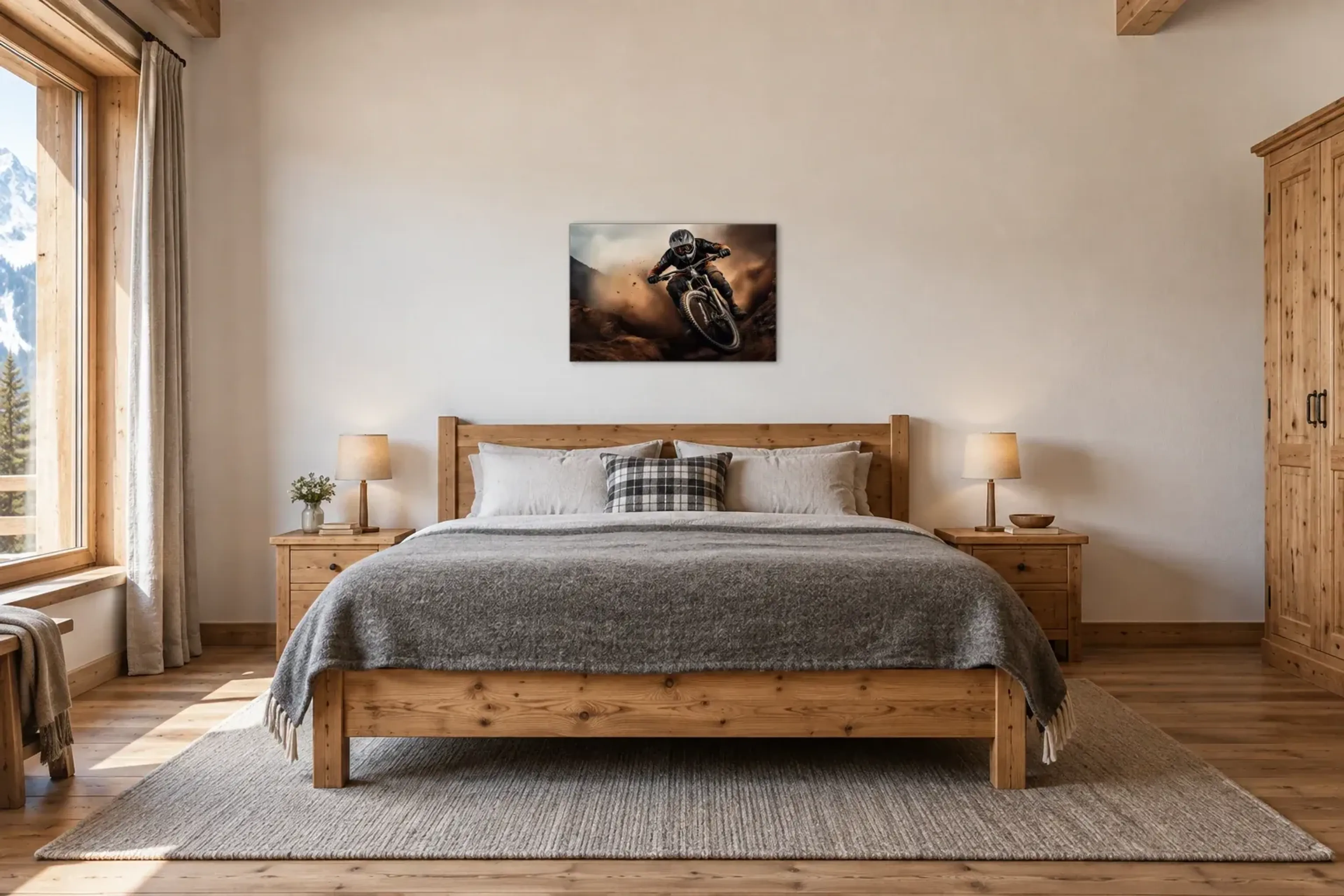 Mountainbiker in der Staubwolke als Wandbild über einem 180-cm-Bett