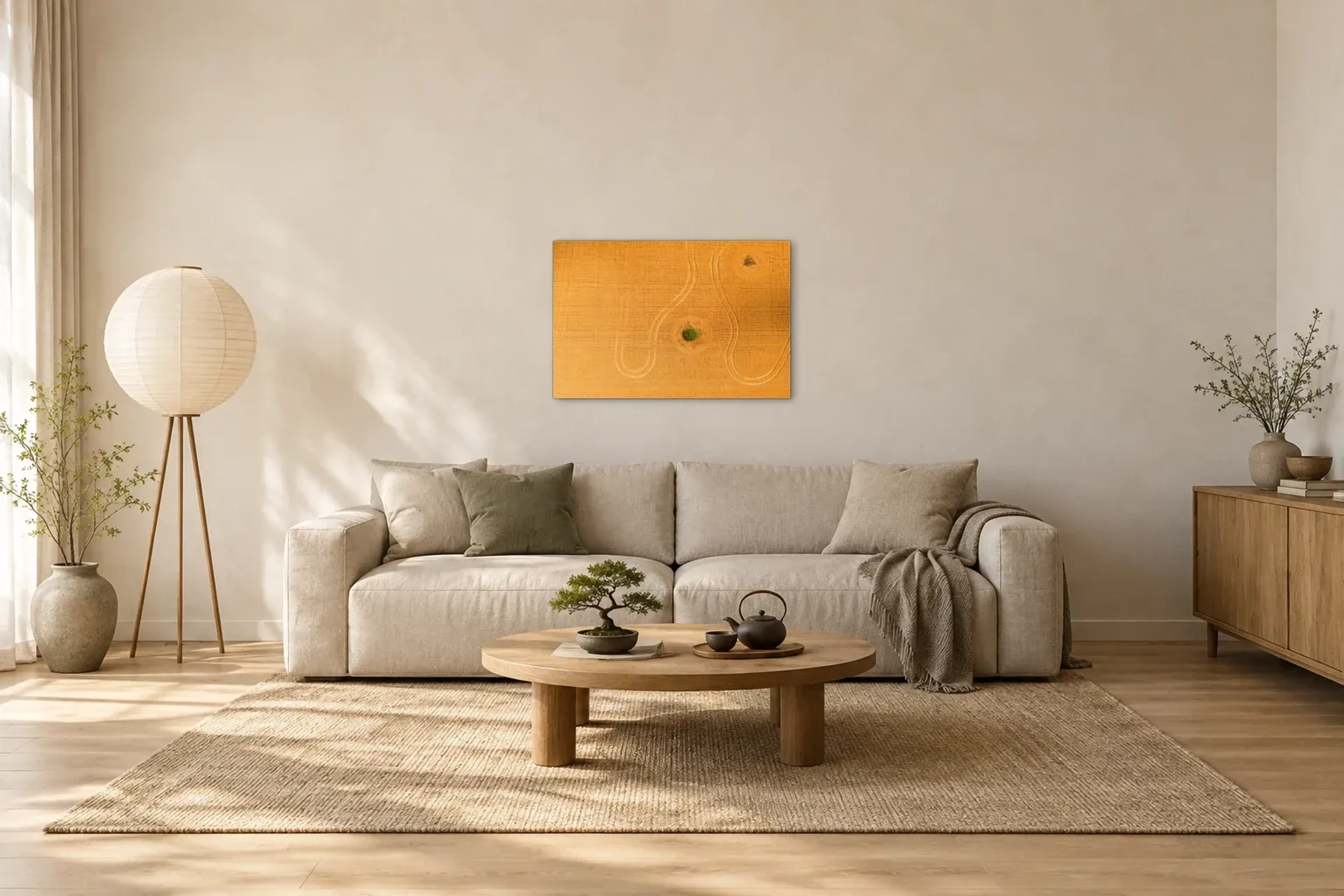 Weizenfeld von oben als Wandbild über einem 220-cm-Sofa