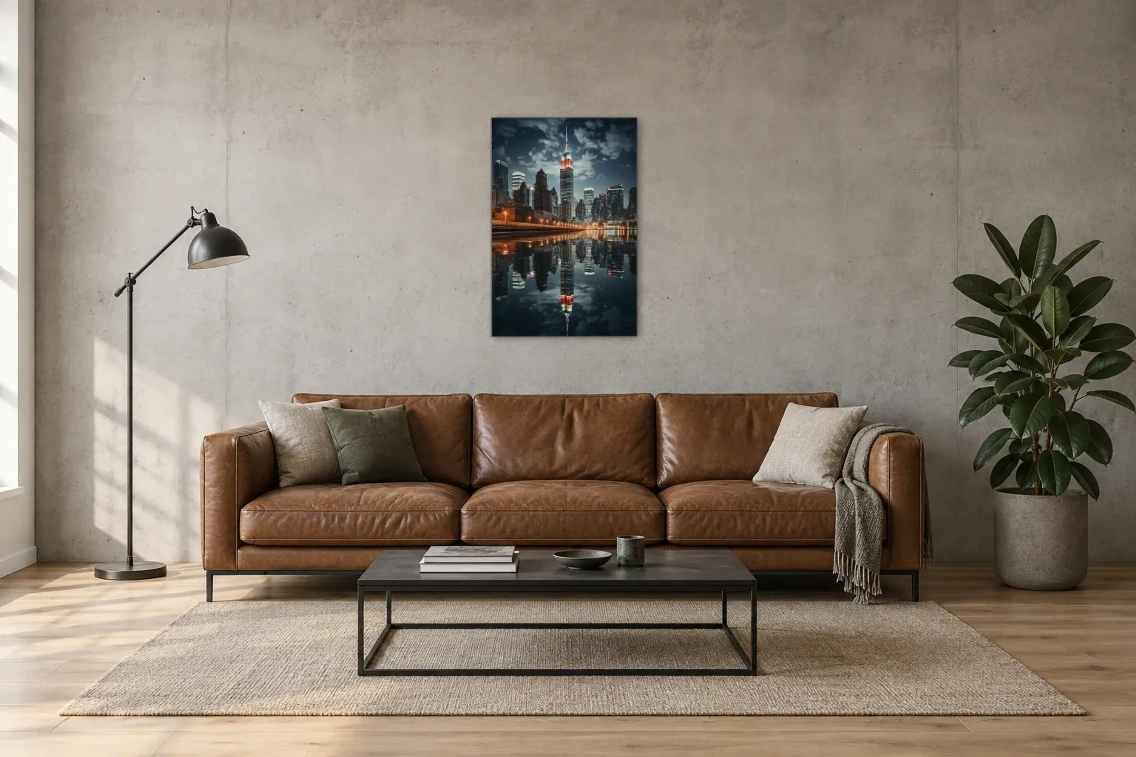 Empire State bei Nacht als Wandbild über einem 220-cm-Sofa