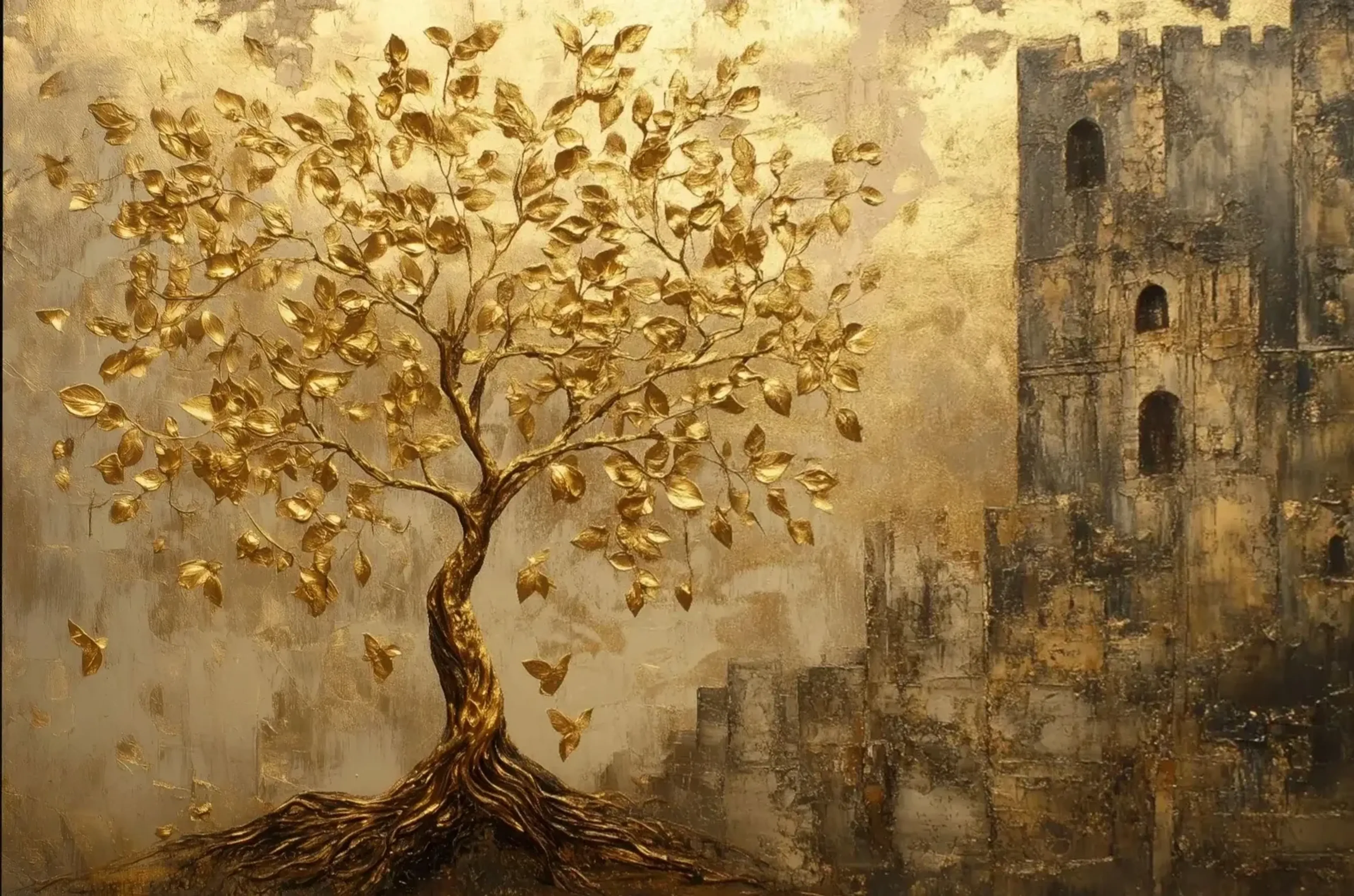 Baum mit goldenen Blättern – Motiv als Wandbild auf Holz