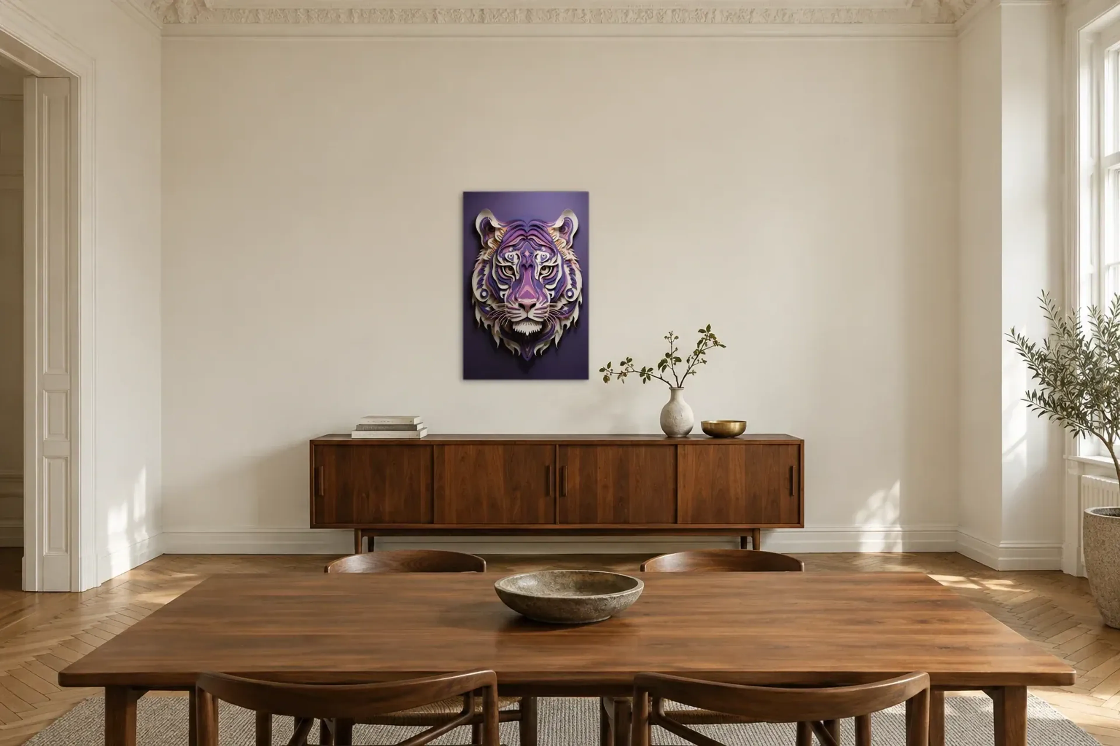 Tiger abstrakt als Wandbild über einem 200-cm-Sideboard