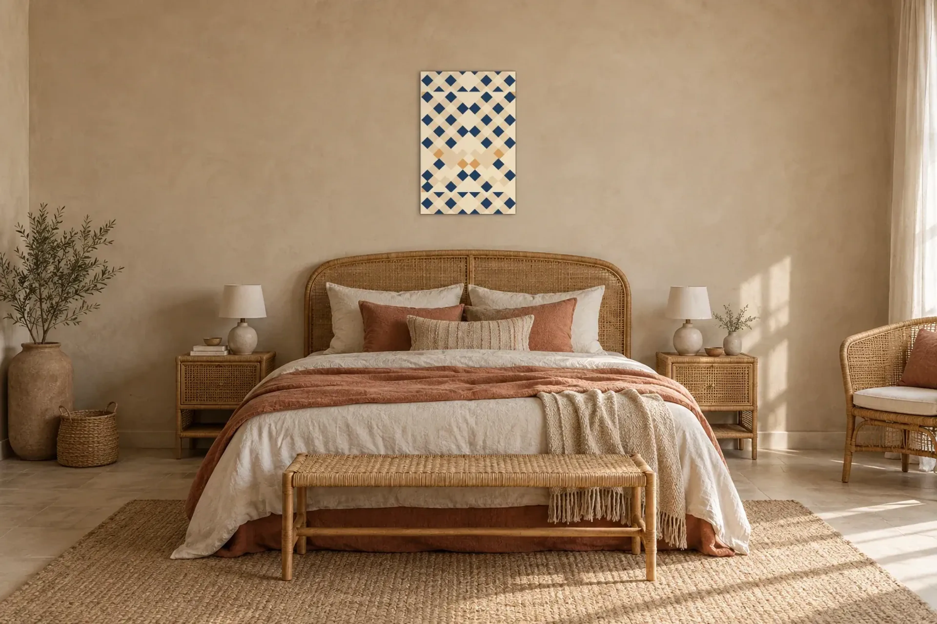Rauten in Blau und Beige als Wandbild über einem 180-cm-Bett