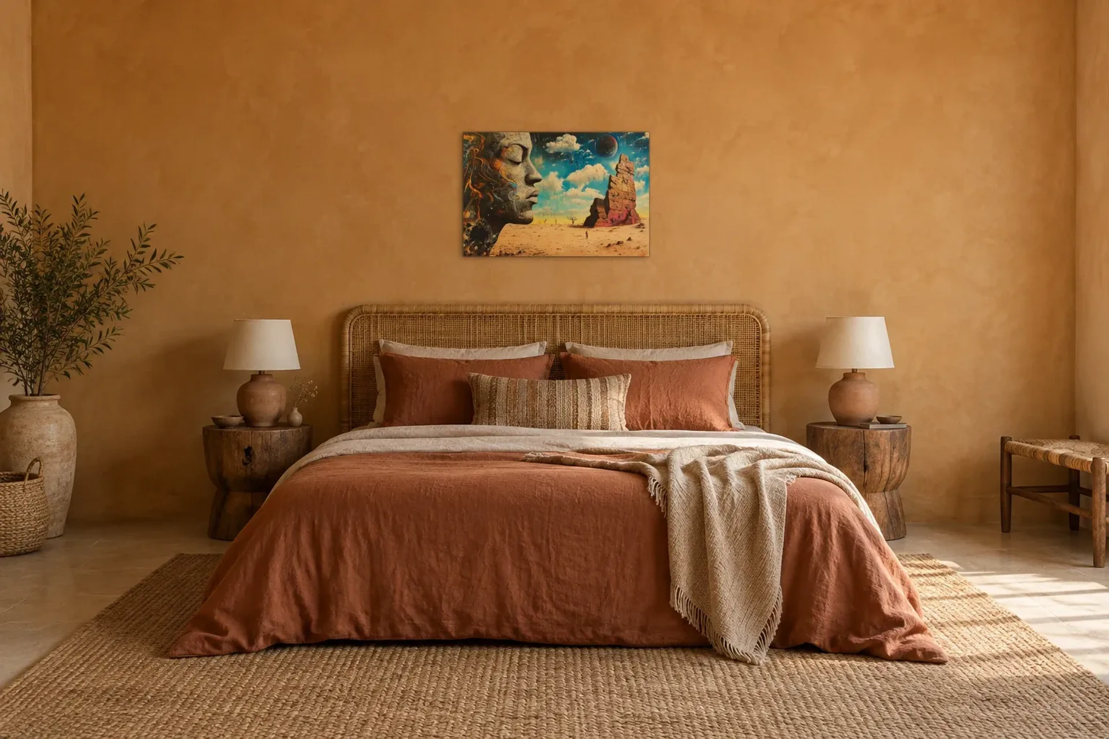 Traumwelt als Wandbild über einem 180-cm-Bett