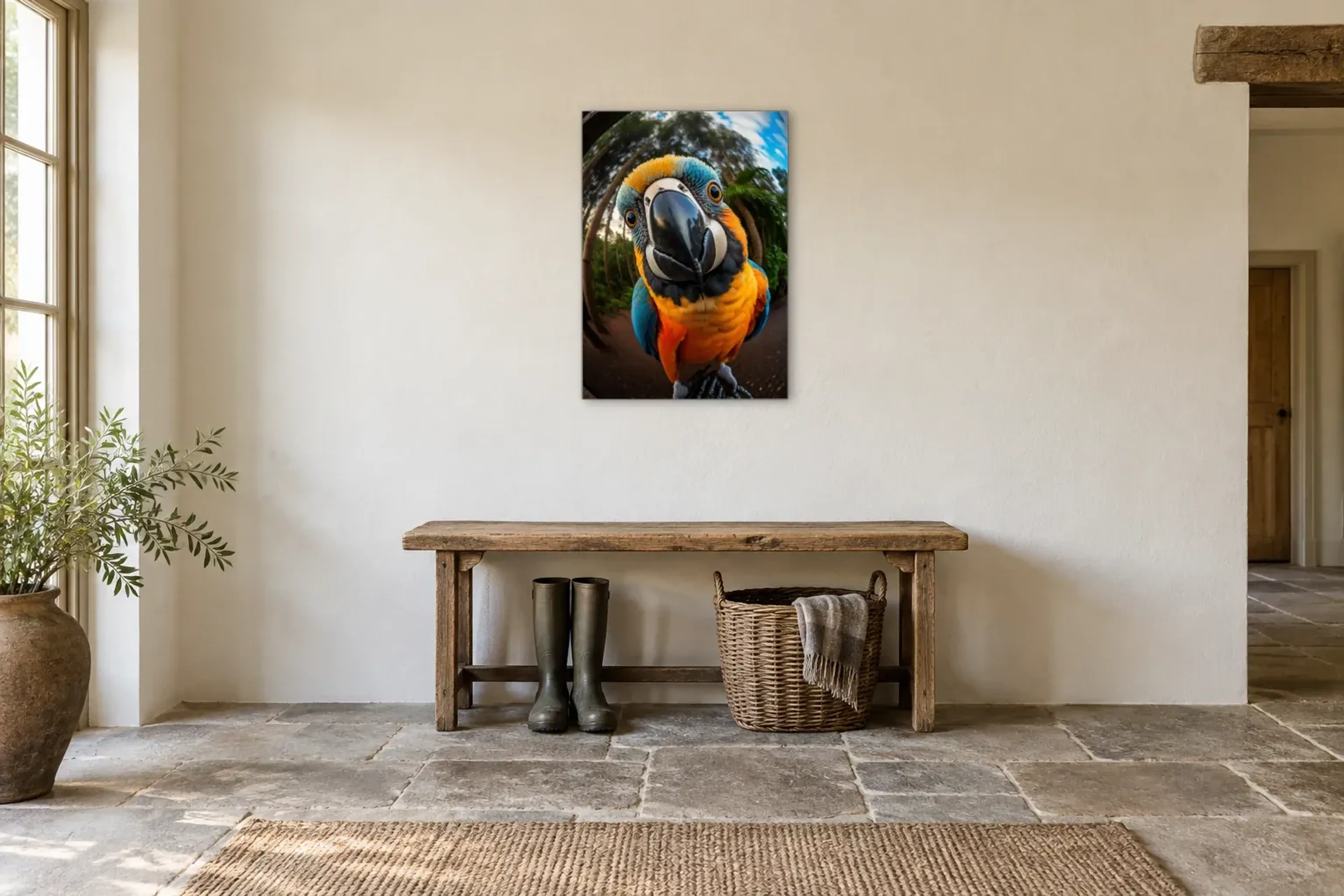 Papagei Nahaufnahme als Wandbild über einer 120-cm-Bank