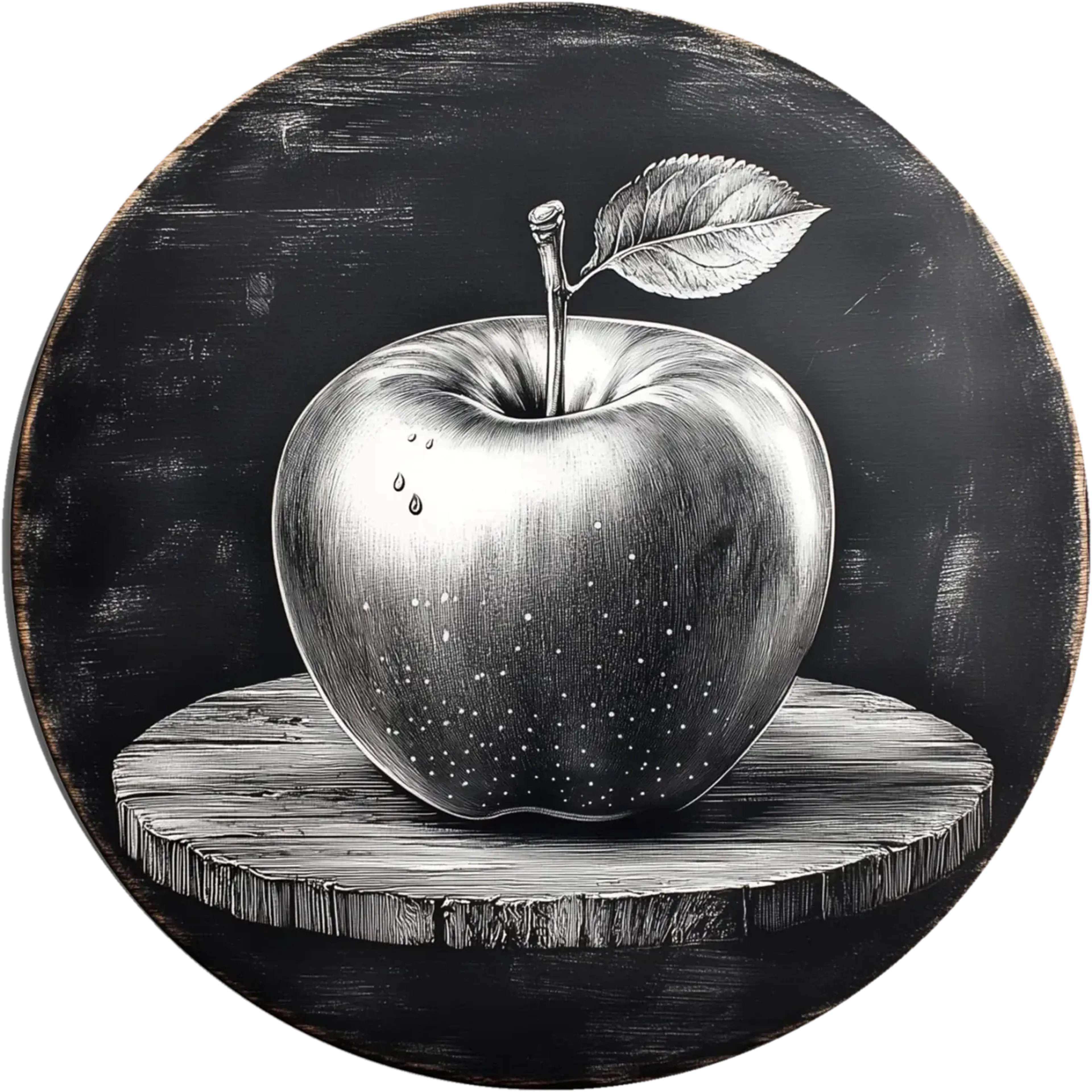 Schwarzweißer Apfel mit Stiel, Blatt und kleinen Tropfen auf einer Holzscheibe vor rundem, dunklem Hintergrund.