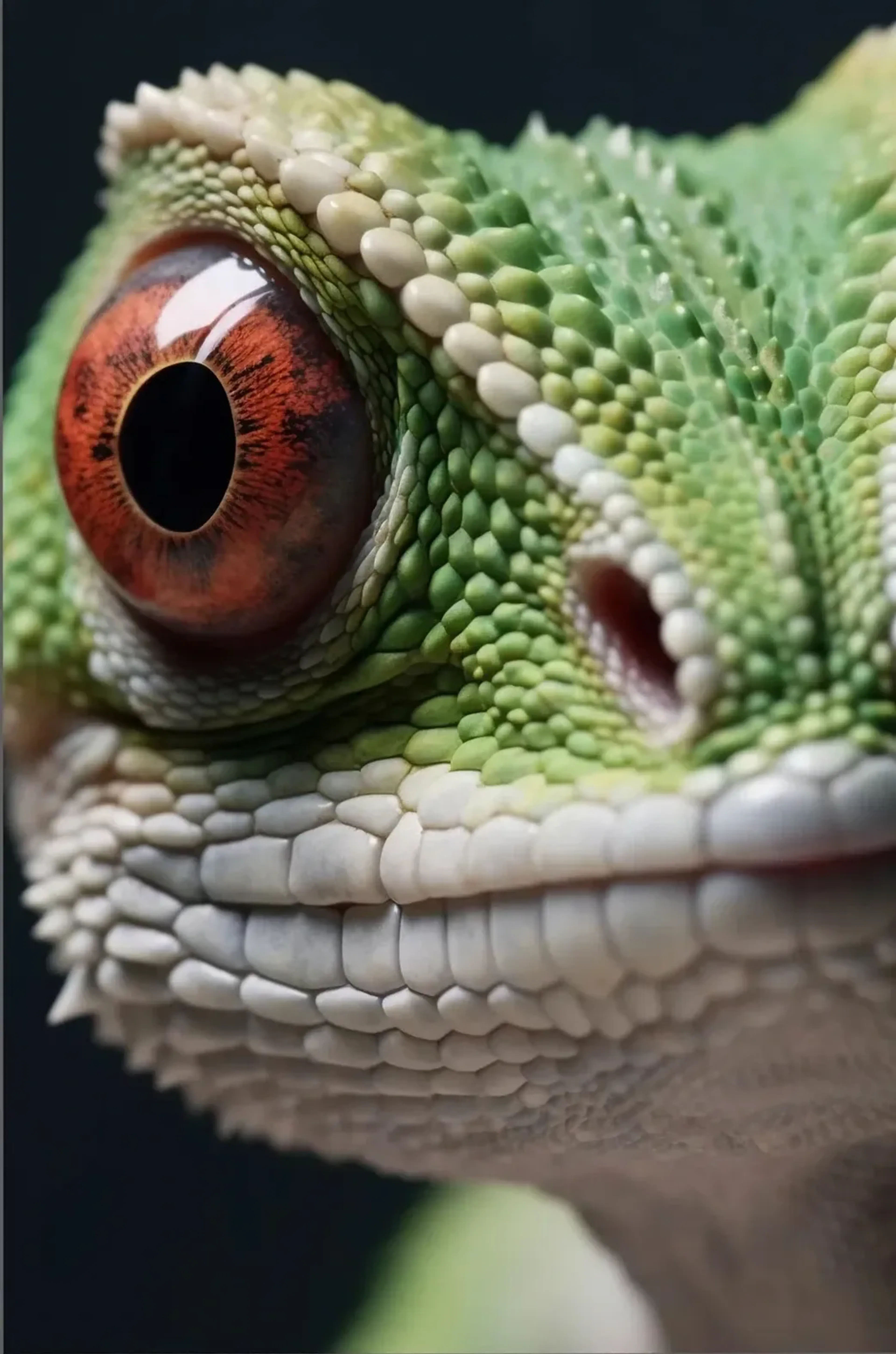 Nahansicht einer grünen Echse mit großem rotbraunem Auge und hellen Schuppen rund um das Maul.
