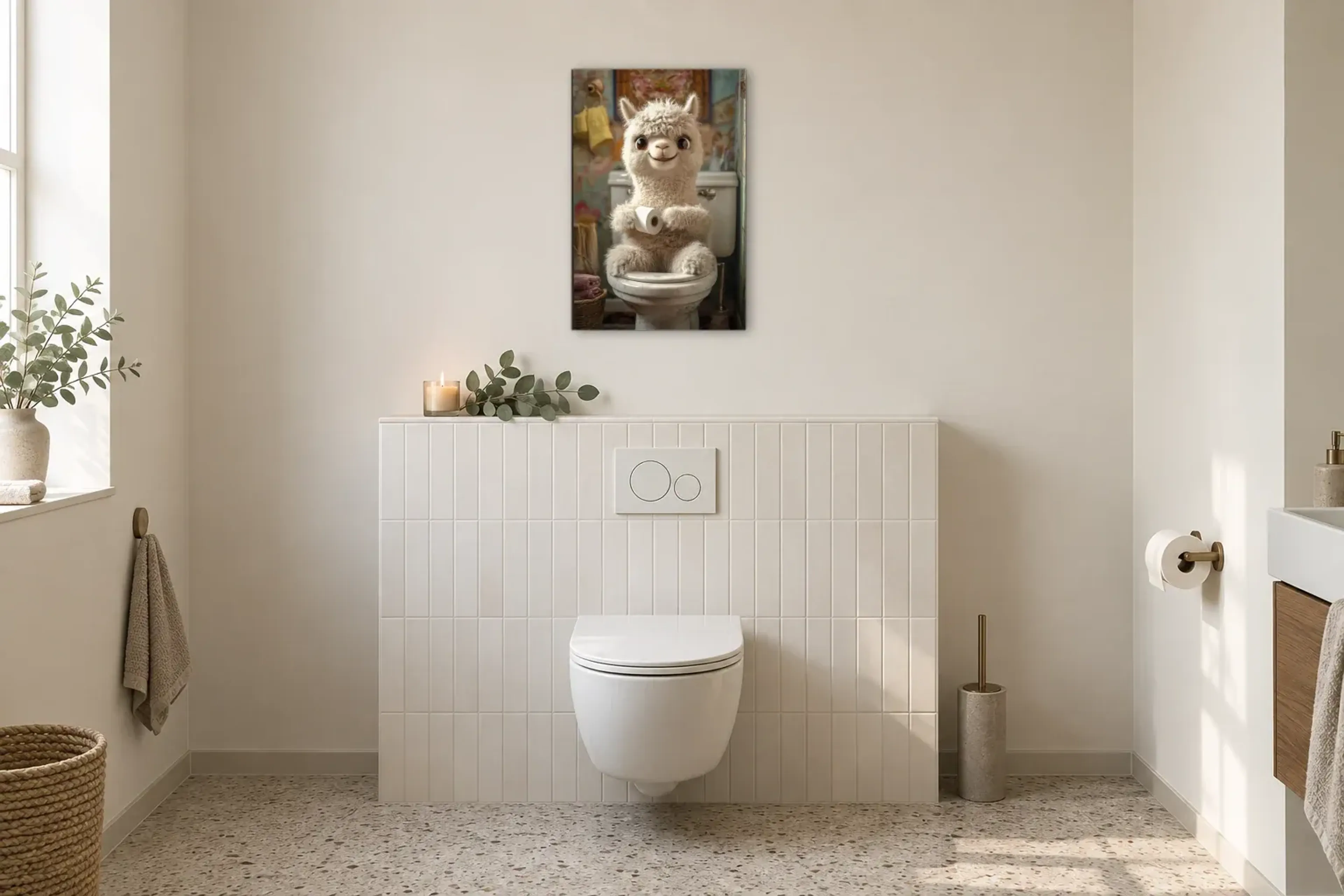 Alpaka im nostalgischen Bad als Wandbild im Gäste-WC