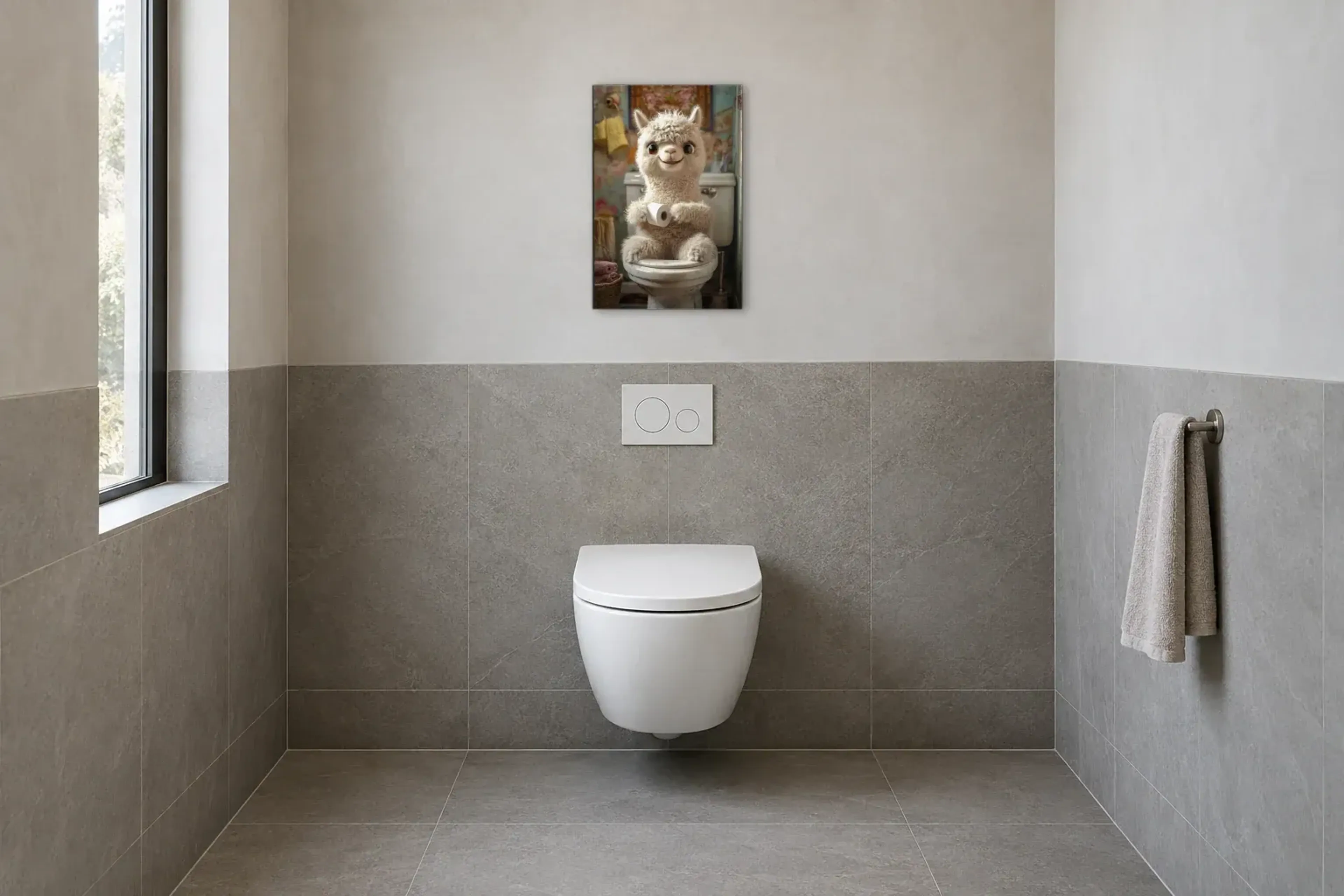 Alpaka im nostalgischen Bad als Wandbild im Gäste-WC