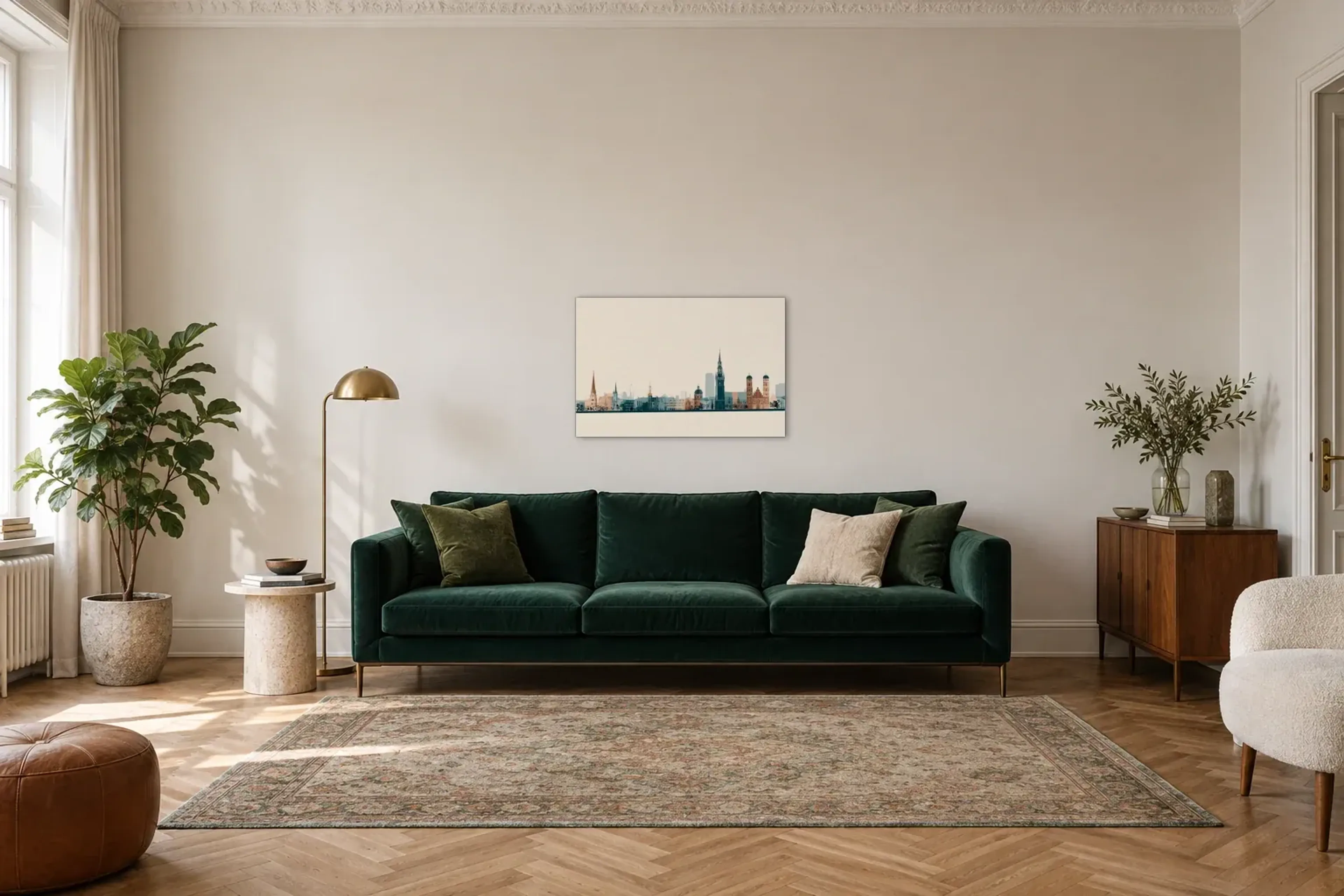 Münchner Türme auf Creme als Wandbild über einem 220-cm-Sofa