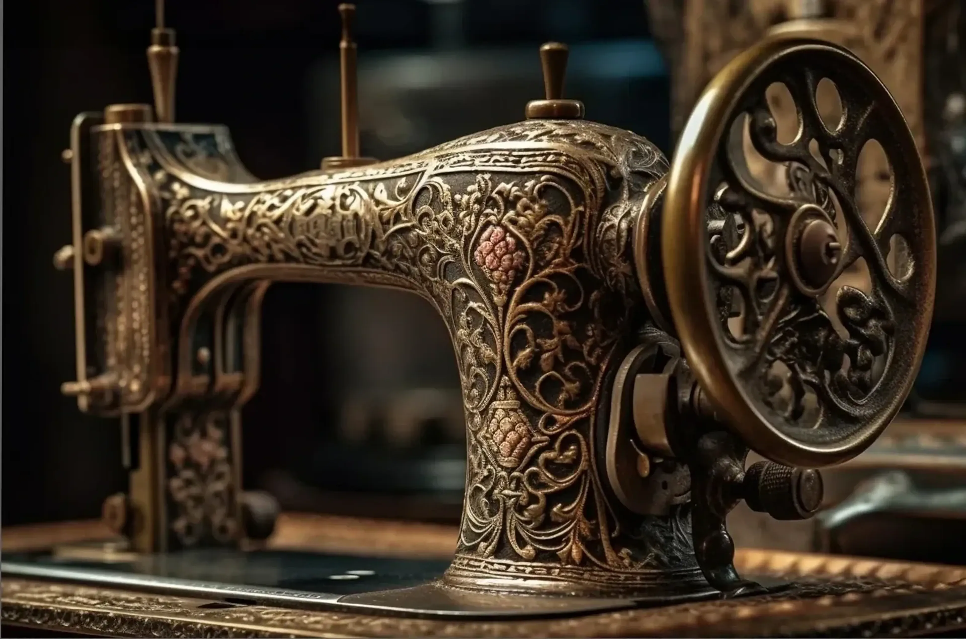 Eine alte Nähmaschine mit goldfarbenen floralen Ornamenten und großem Handrad steht im warmen Licht.