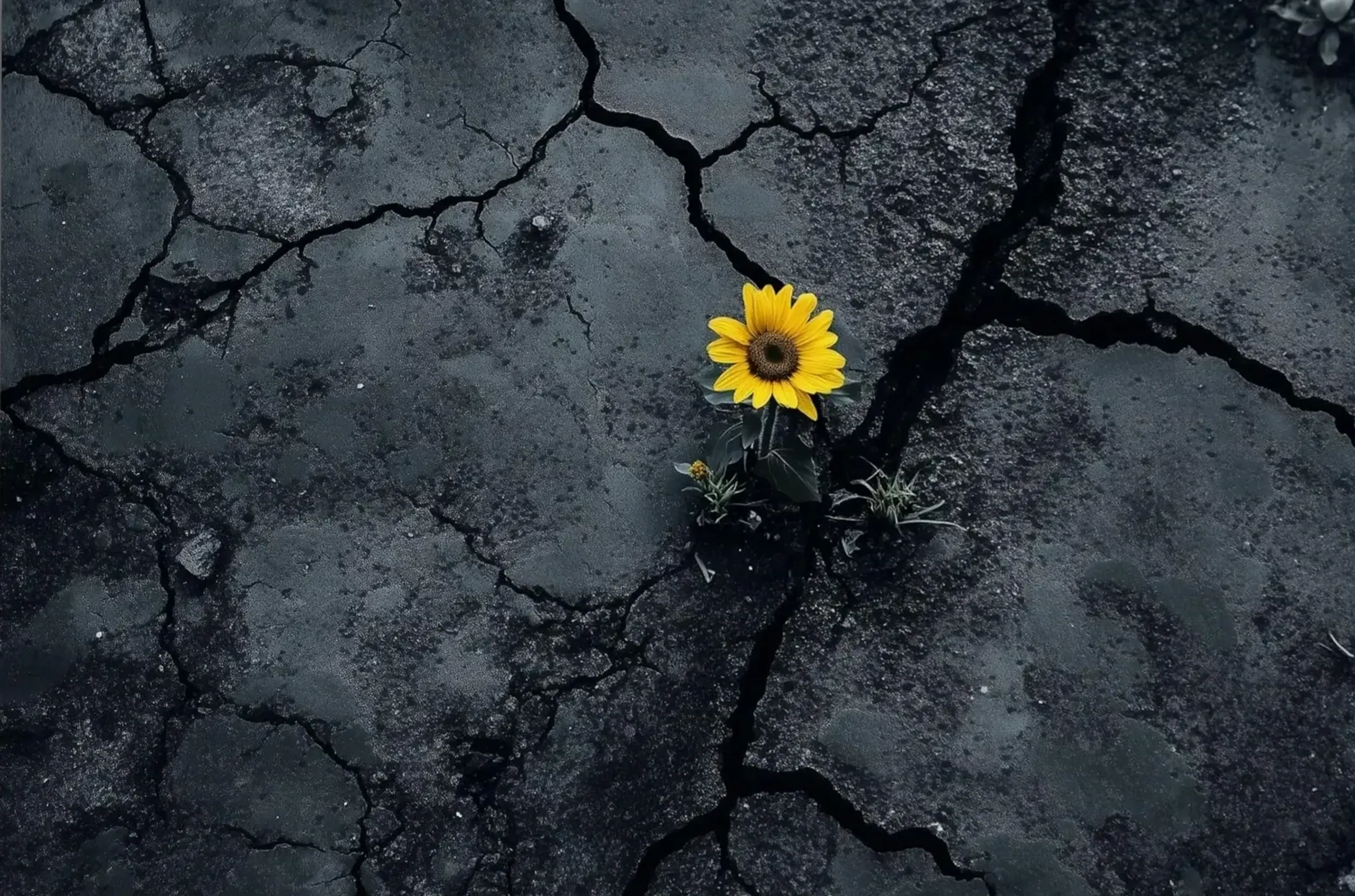 Eine gelbe Sonnenblume wächst aus einem Spalt in einer dunkelgrauen, von tiefen Rissen durchzogenen Fläche.