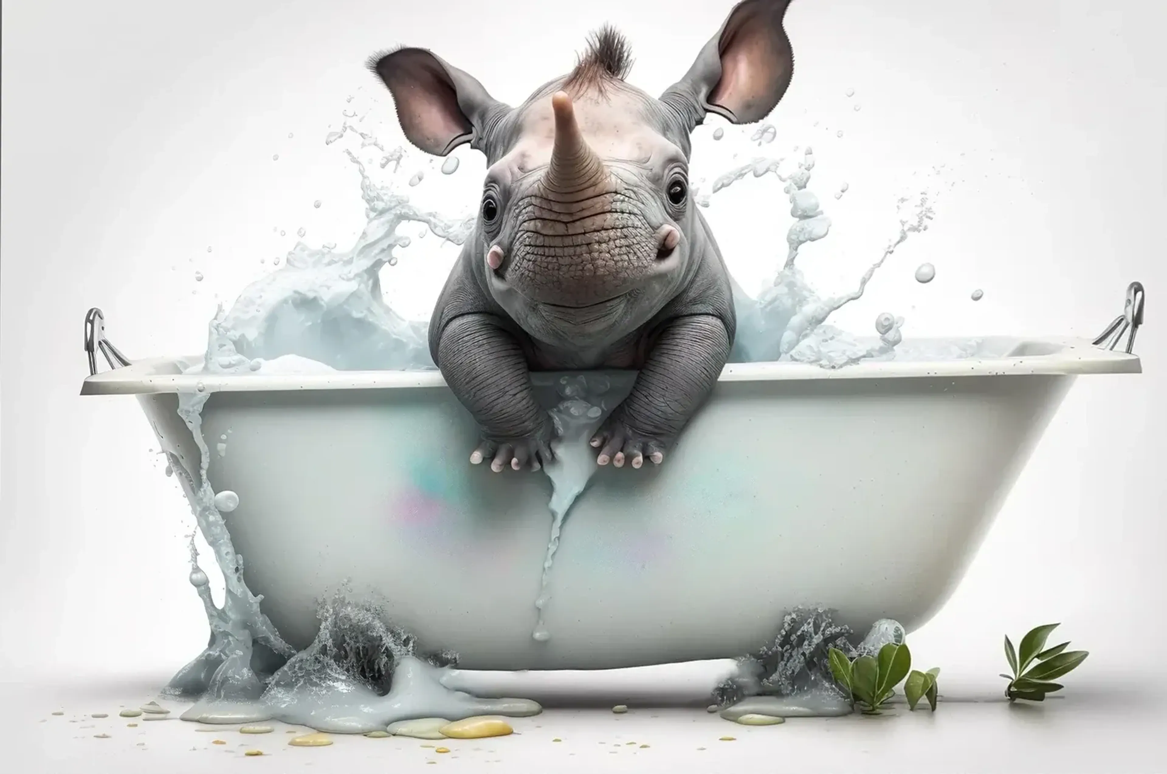 Kleines graues Nashorn lehnt über einem hellen Wannenrand, umgeben von Wasserspritzern und einzelnen grünen Blättern.
