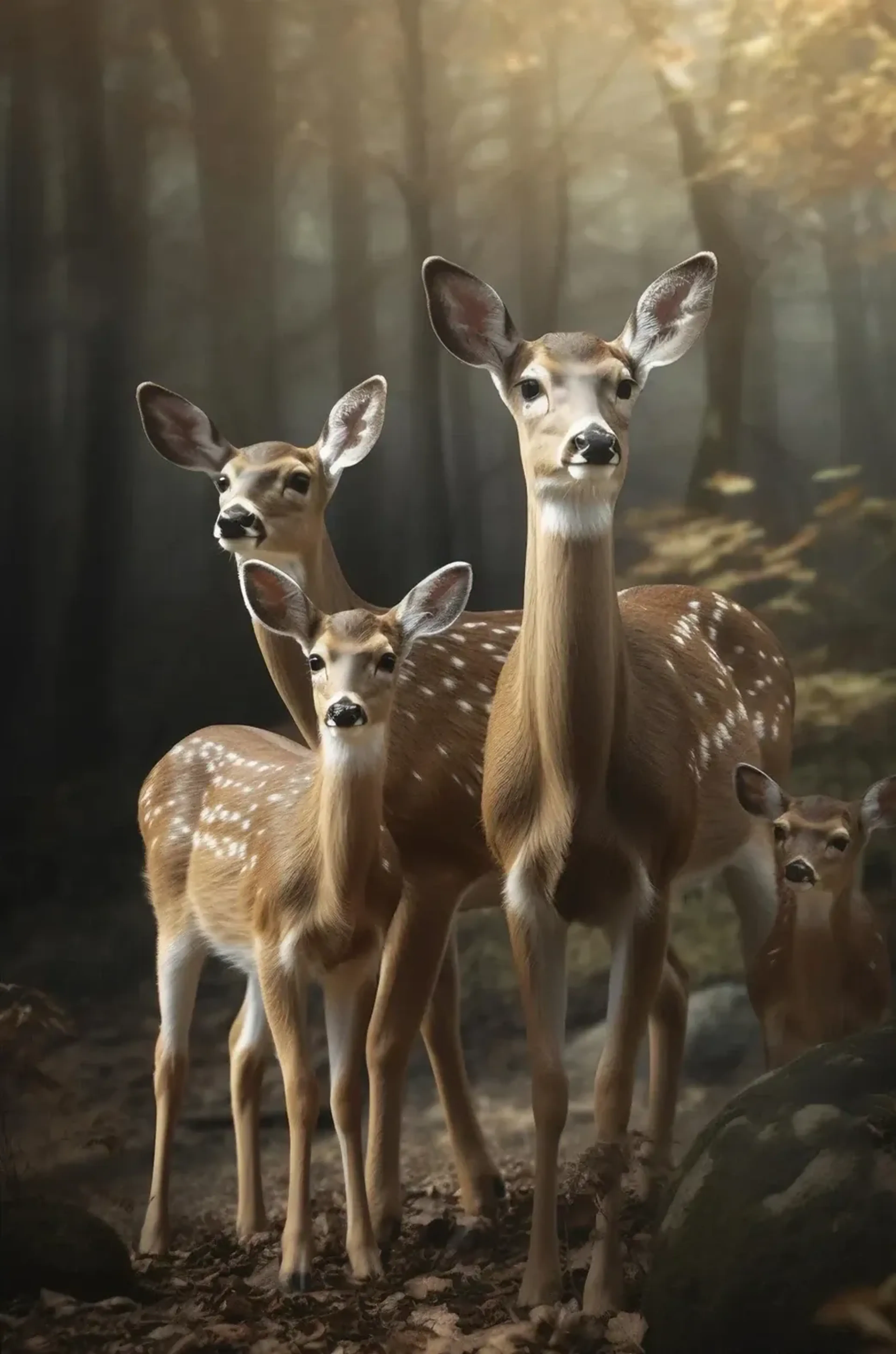 Vier Hirsche ohne Geweih stehen zwischen Steinen im Wald, ihre teils gefleckten Körper liegen in sanftem Licht.