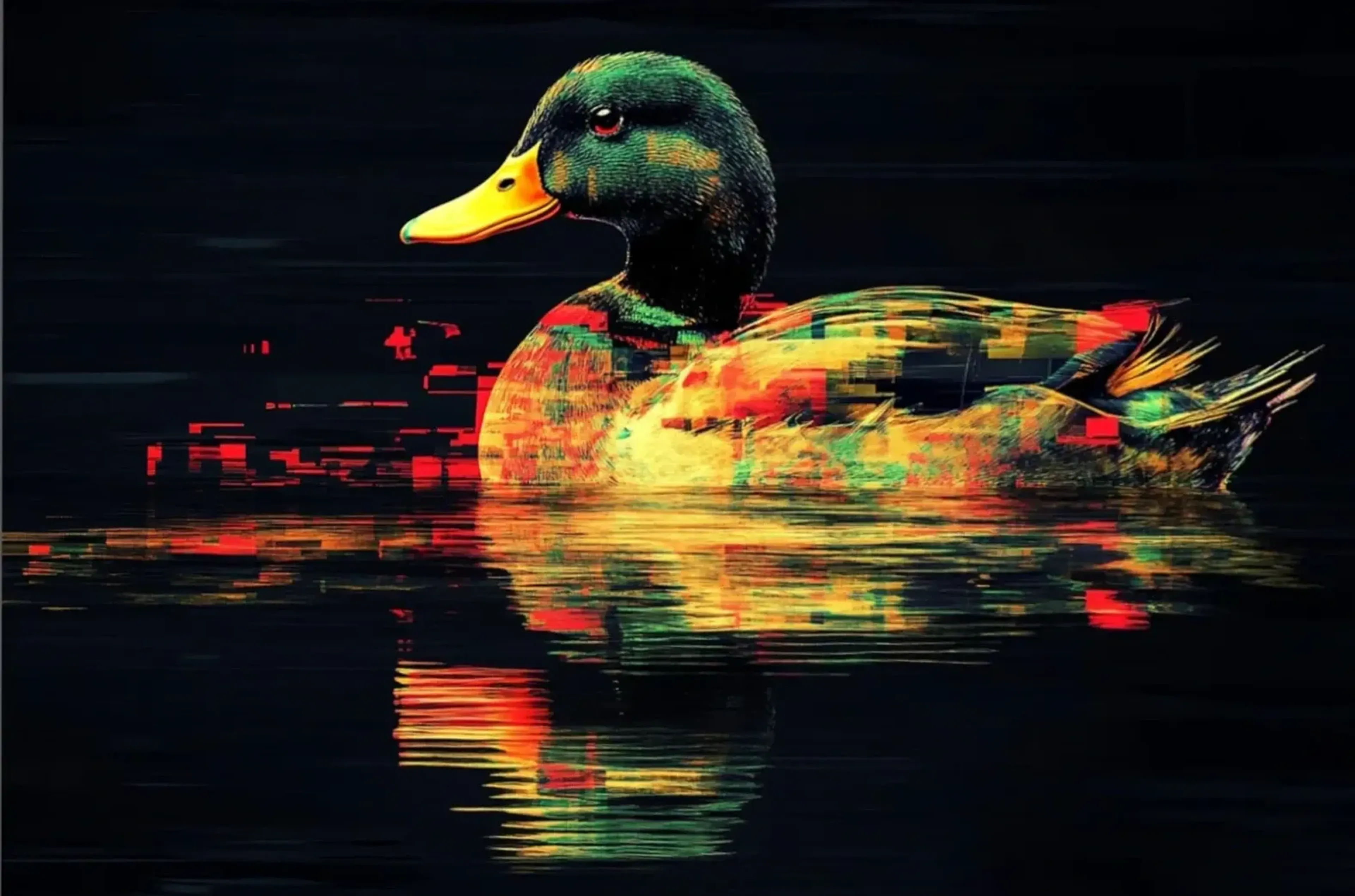 Ente mit grünem Kopf und gelbem Schnabel auf dunklem Wasser, darin rote, gelbe und grüne Spiegelungen.