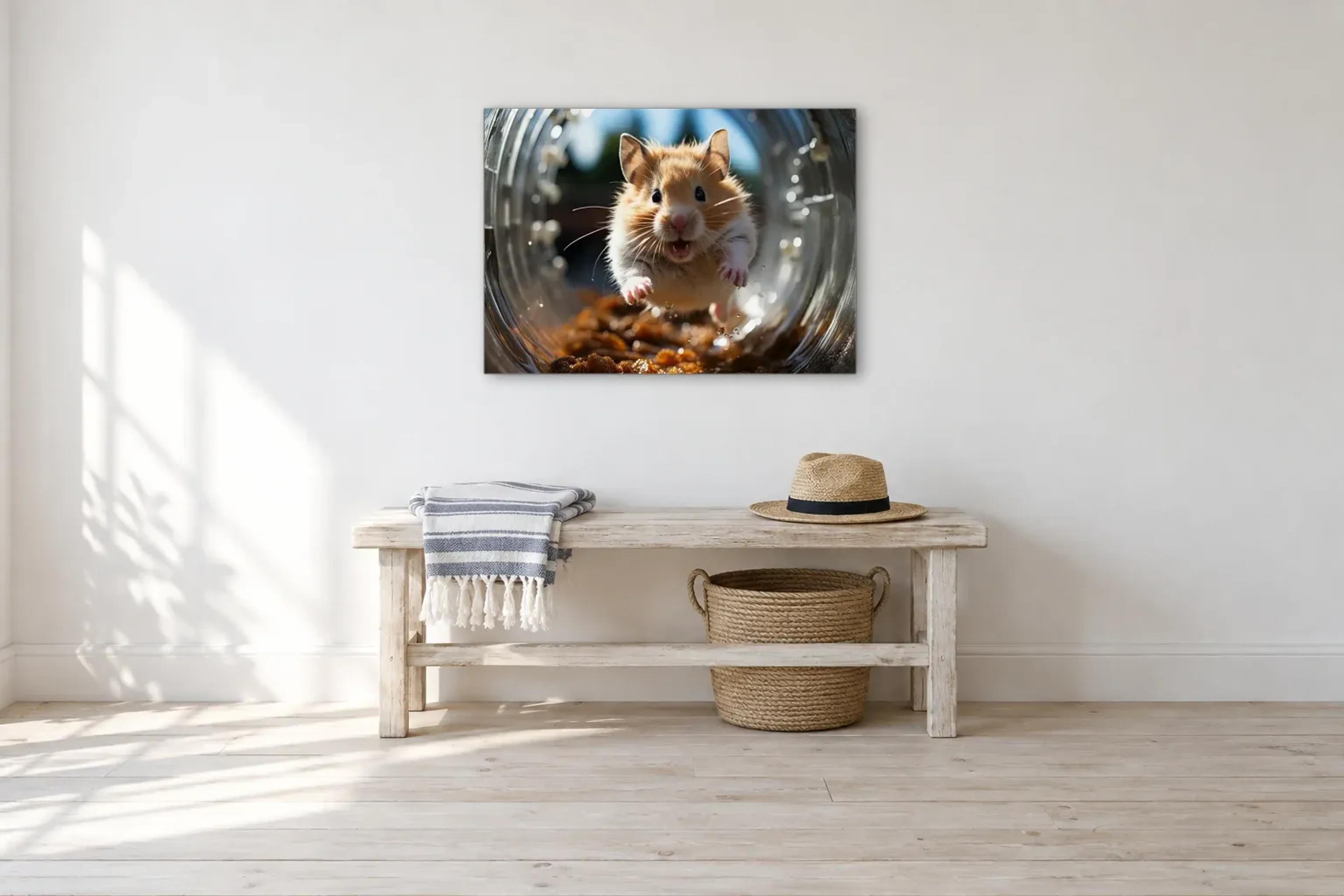 Hamster in Bewegung als Wandbild über einer 100-cm-Bank