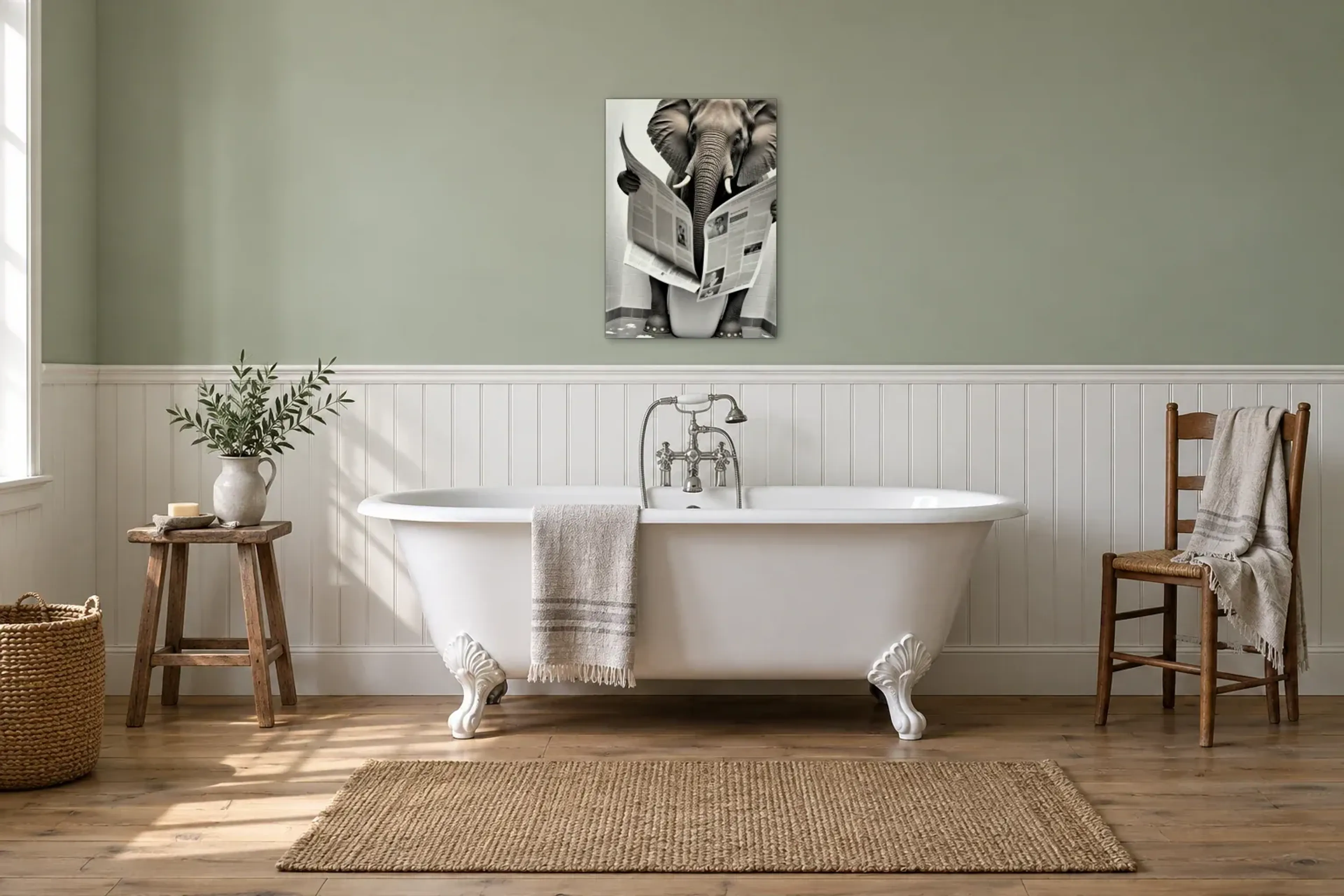Elefant mit Zeitung als Wandbild über einer 170-cm-Badewanne