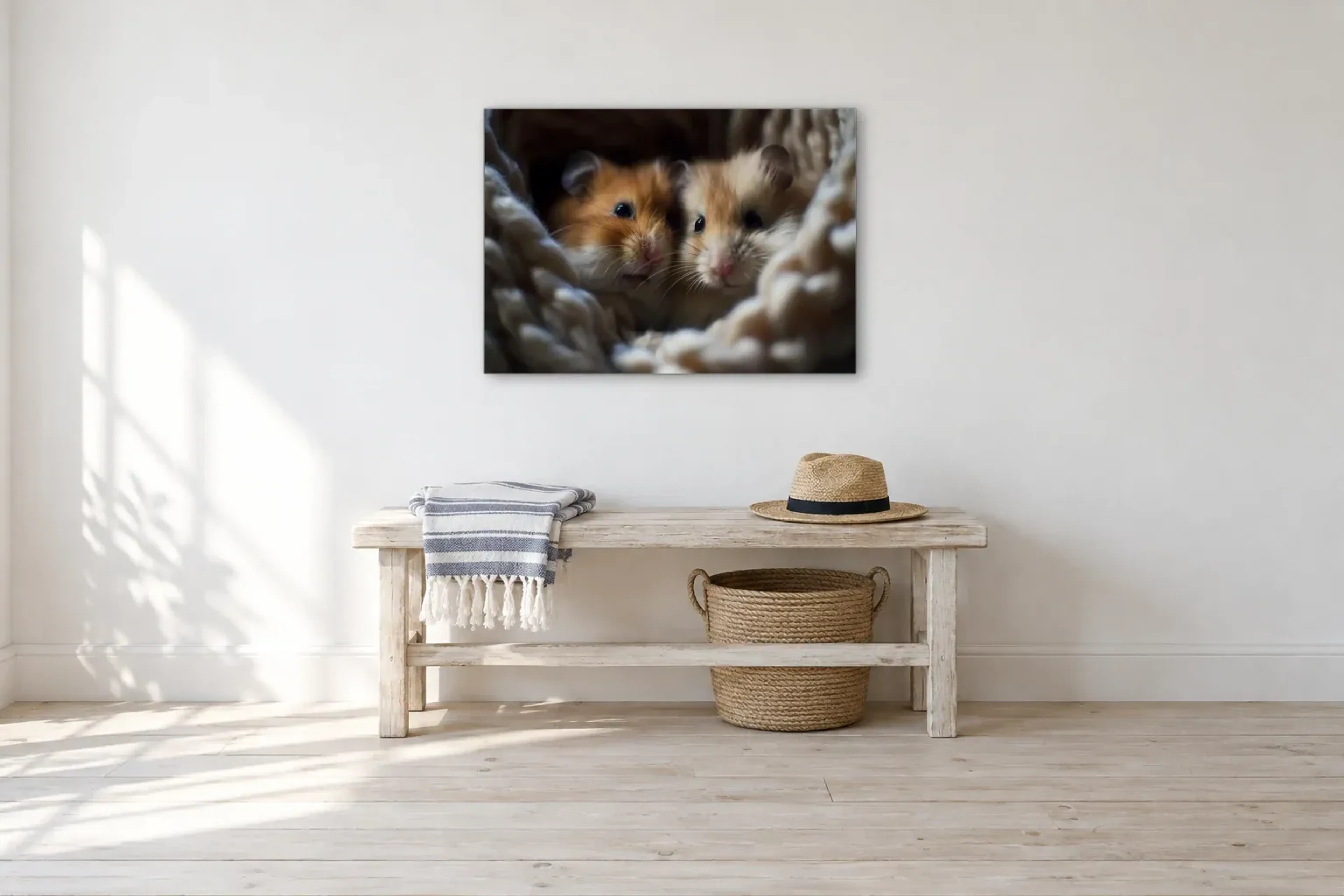Hamster im Versteck als Wandbild über einer 100-cm-Bank