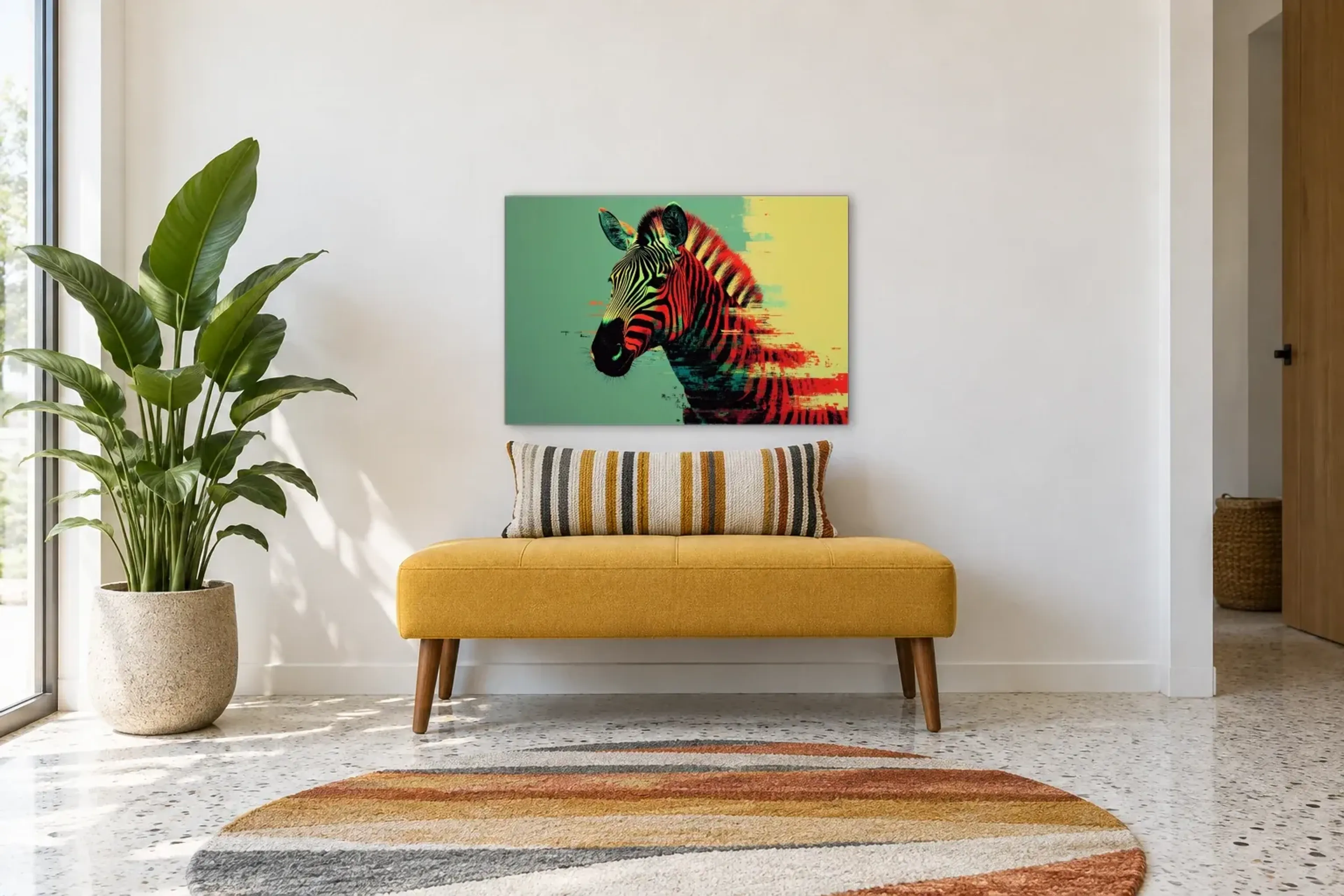 Zebra vor Mintgrün als Wandbild über einer 120-cm-Bank