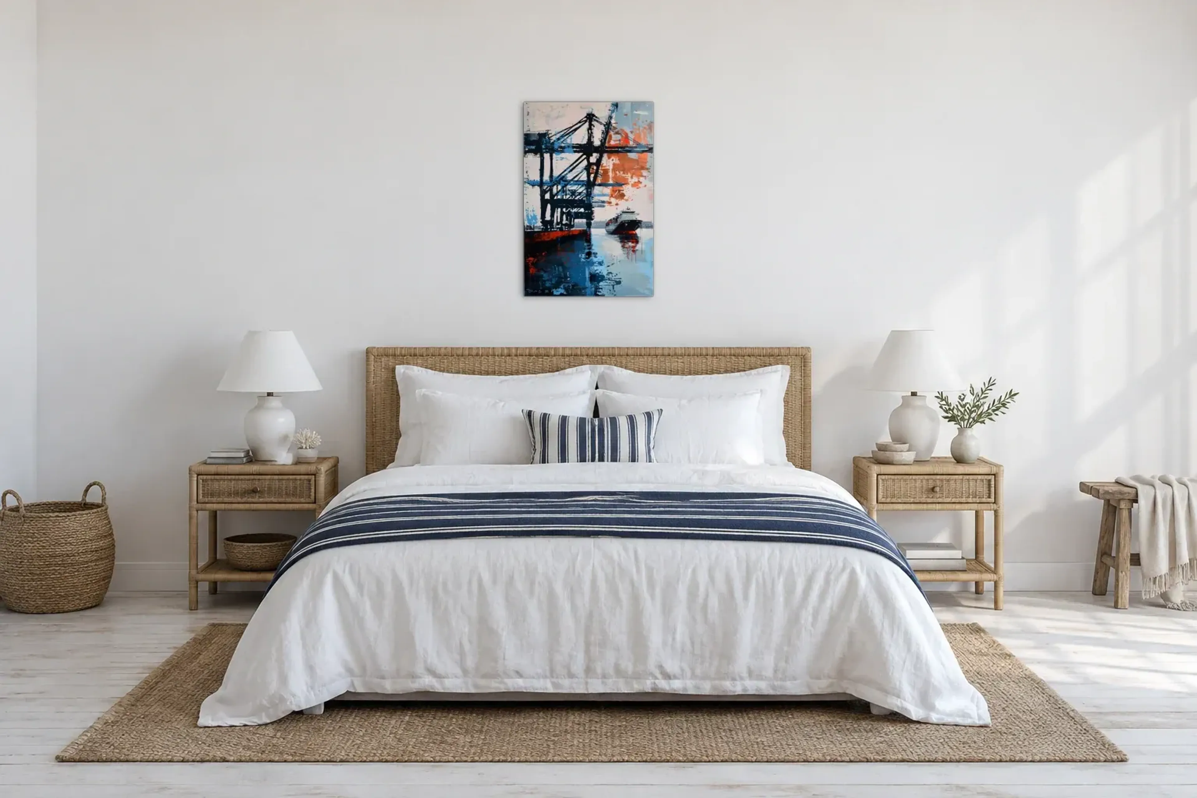 Frachter unter Hafenkränen als Wandbild über einem 180-cm-Bett