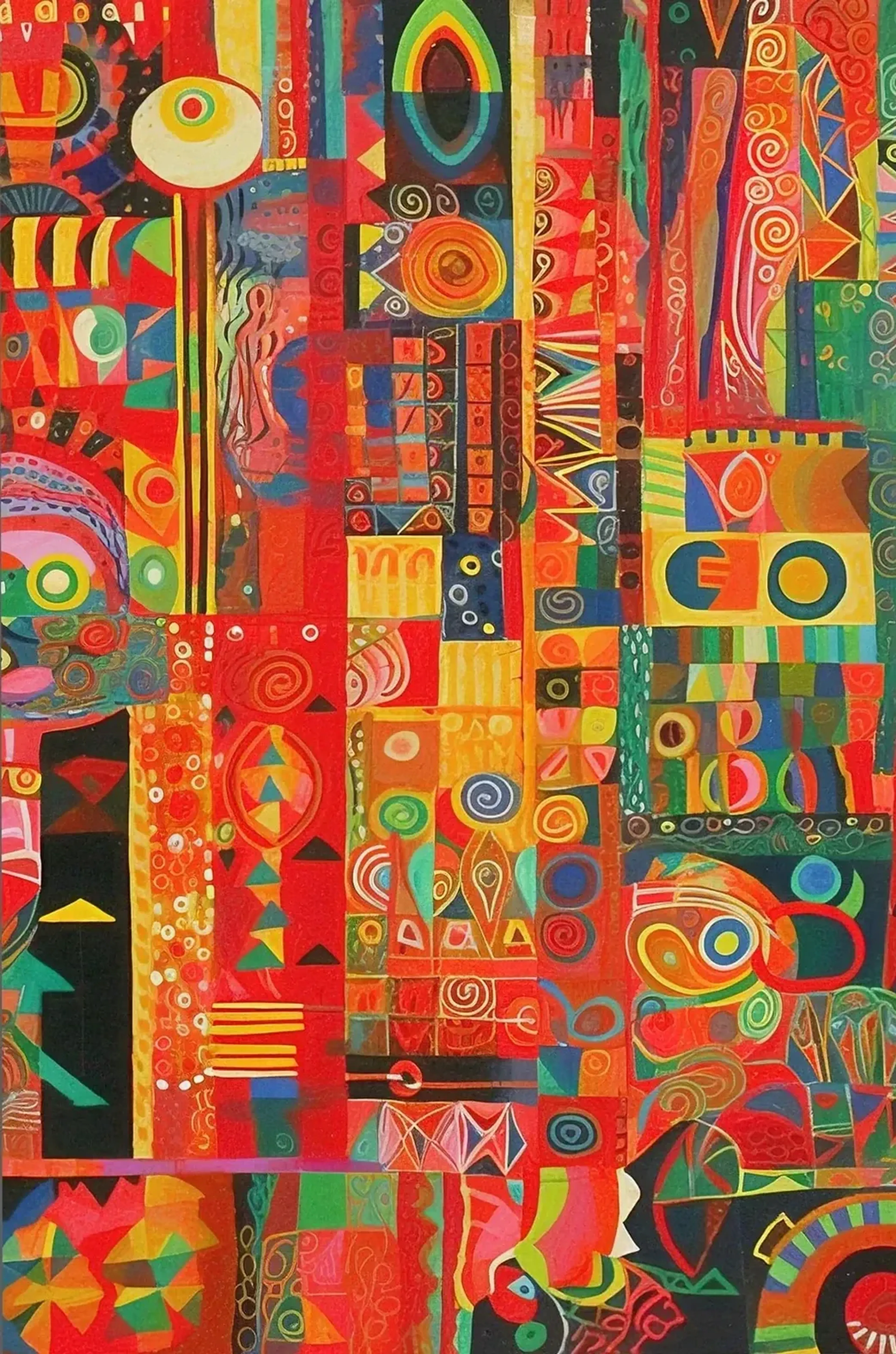 Bunte Streifen und rechteckige Felder voller Kreise, Spiralen und Dreiecke, überwiegend in Rot und Orange.