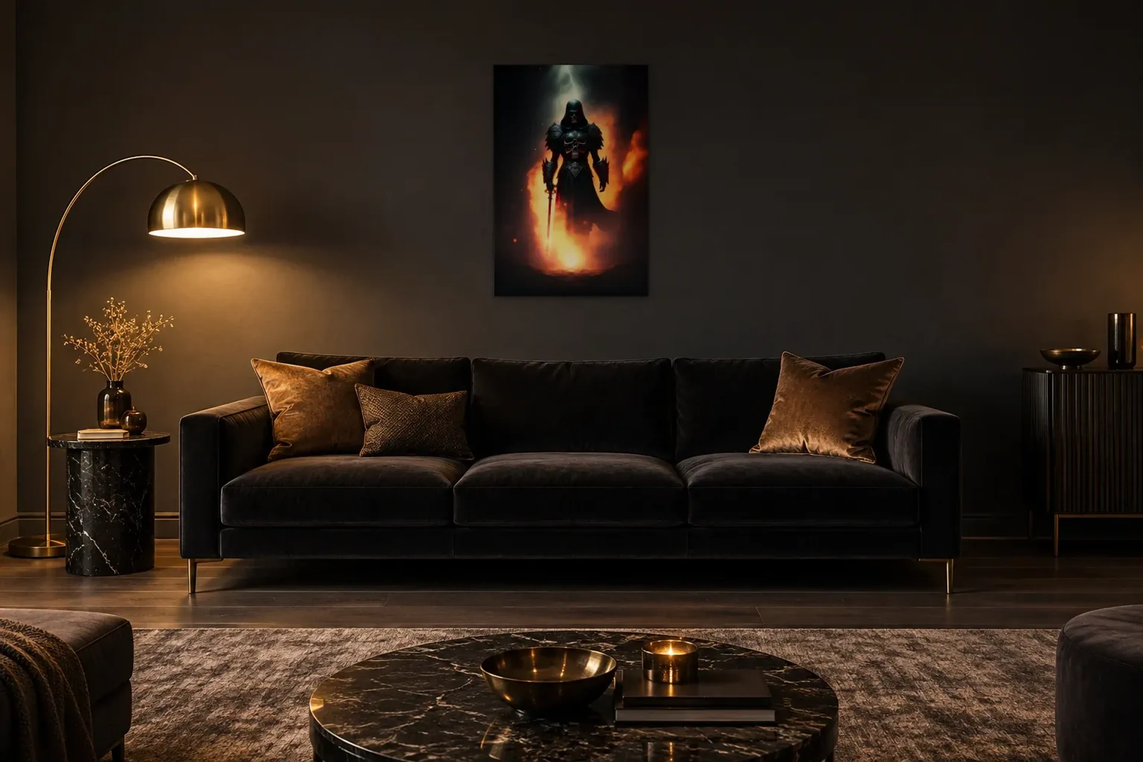 Schwarzer Ritter in Flammen als Wandbild über einem 220-cm-Sofa