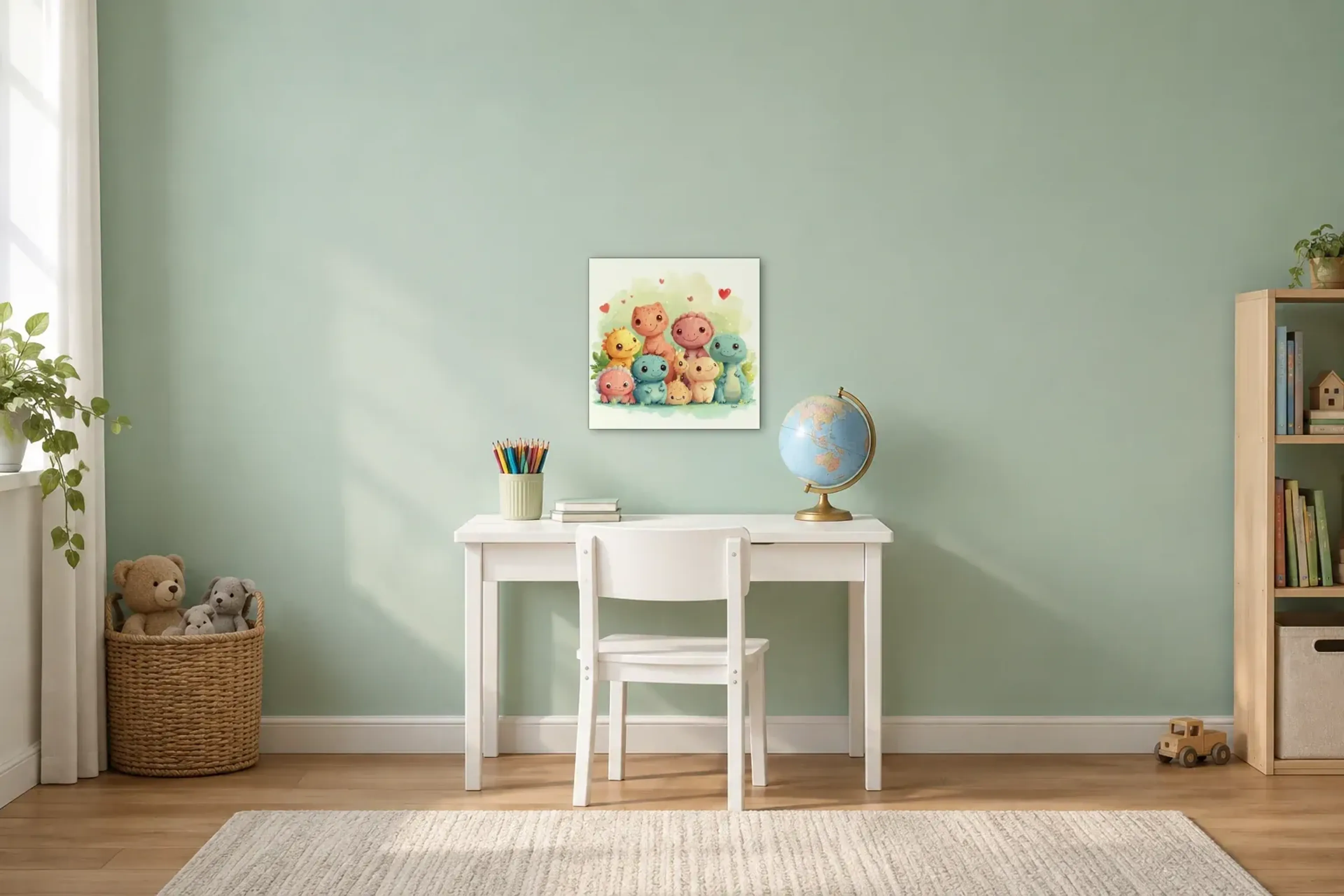 Bunte Dinogruppe als Wandbild über einem 110-cm-Kinderschreibtisch