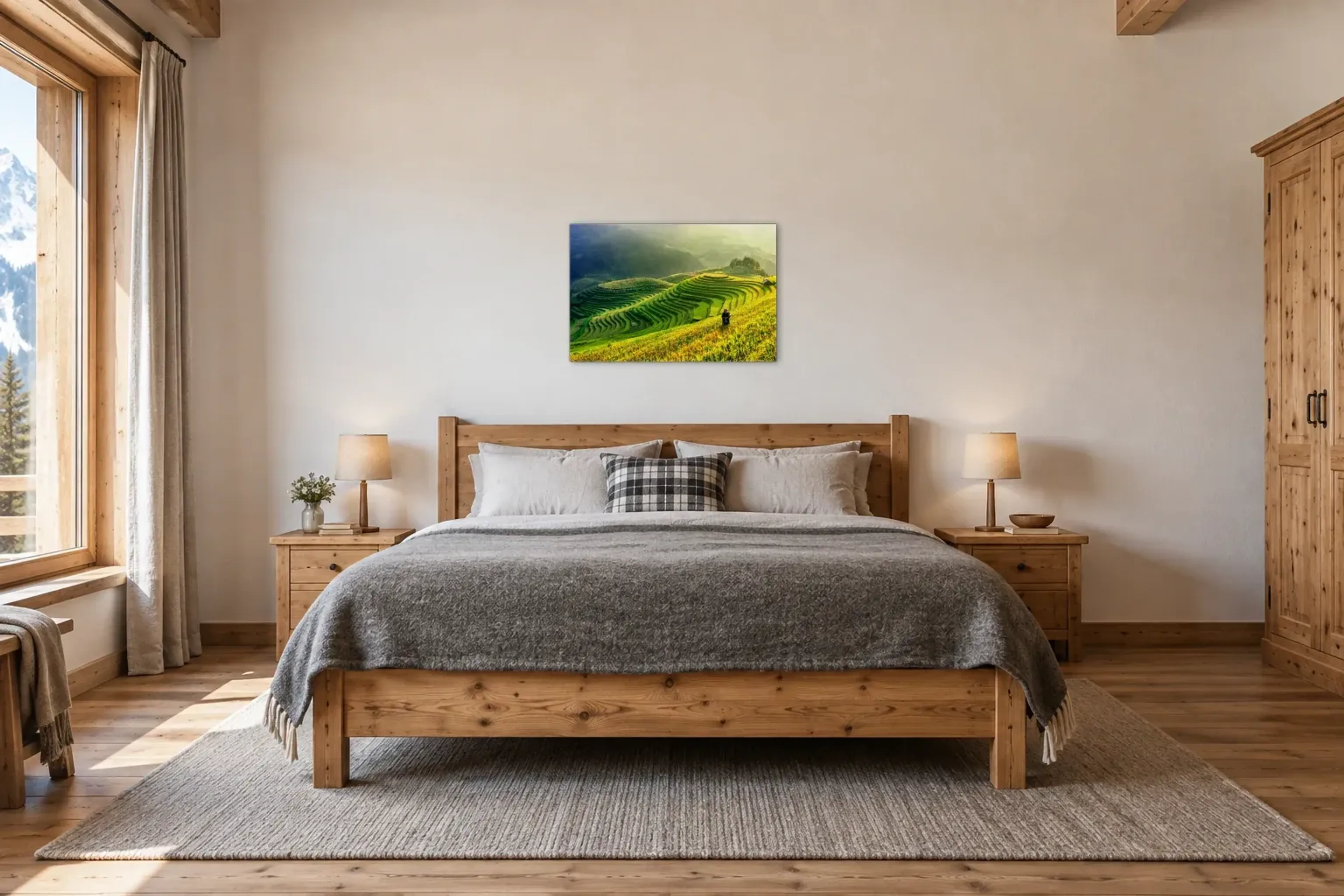 Grüne Terrassen im Sonnenlicht als Wandbild über einem 180-cm-Bett