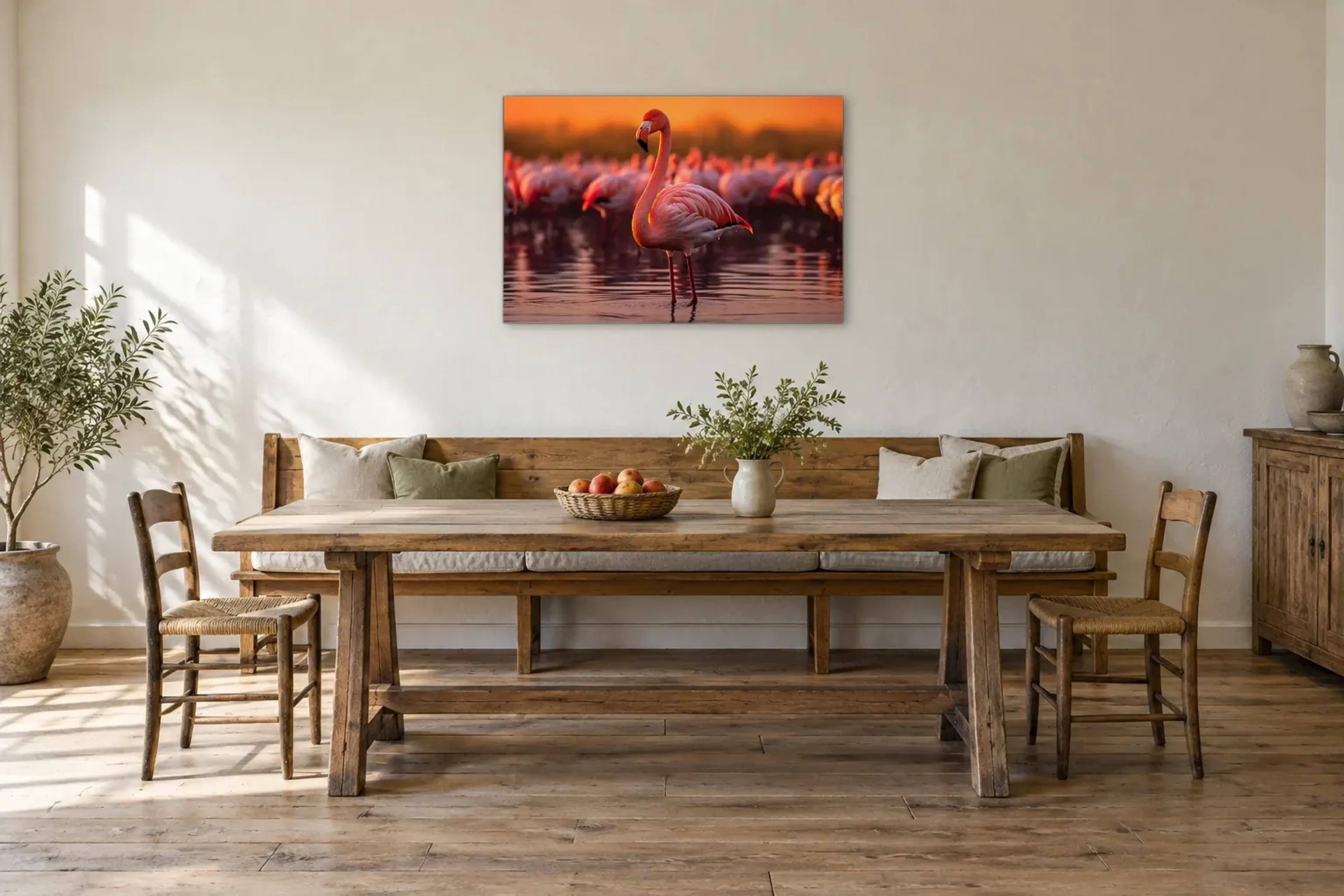 Flamingos im Wasser als Wandbild über einer 200-cm-Sitzbank