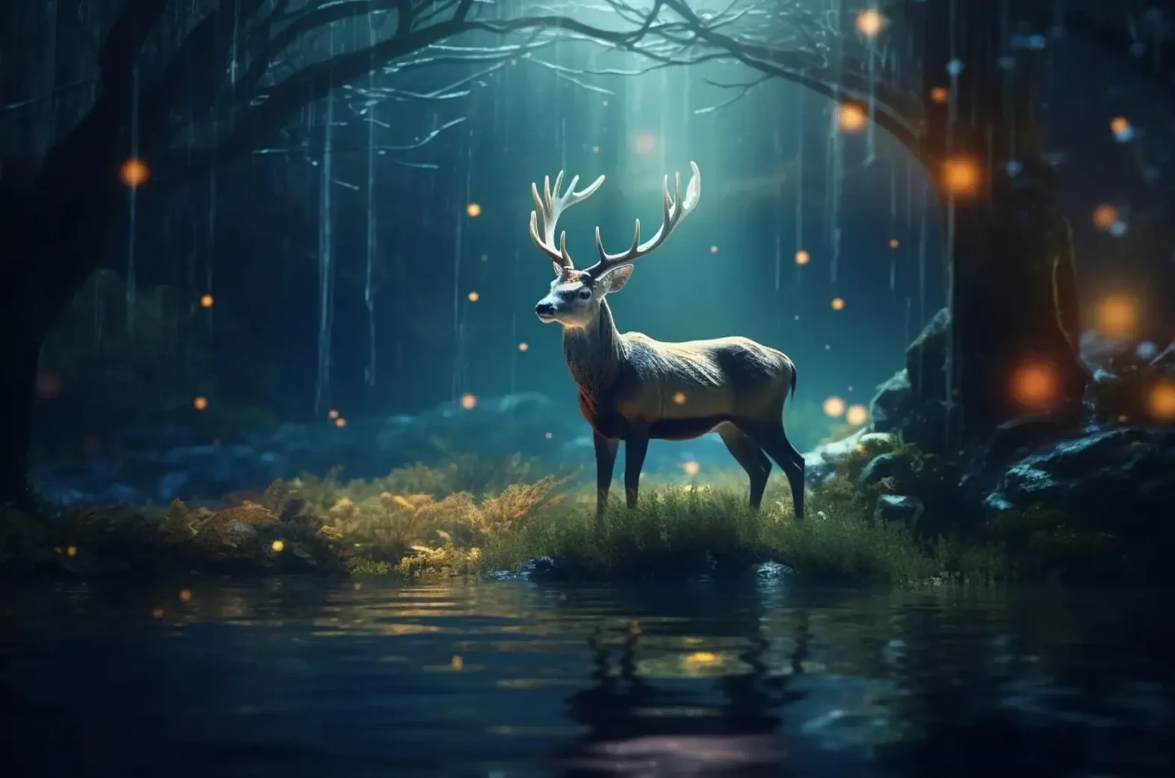 Ein Hirsch steht am Wasser in einem dunklen blaugrünen Wald mit orangefarbenen Lichtpunkten.