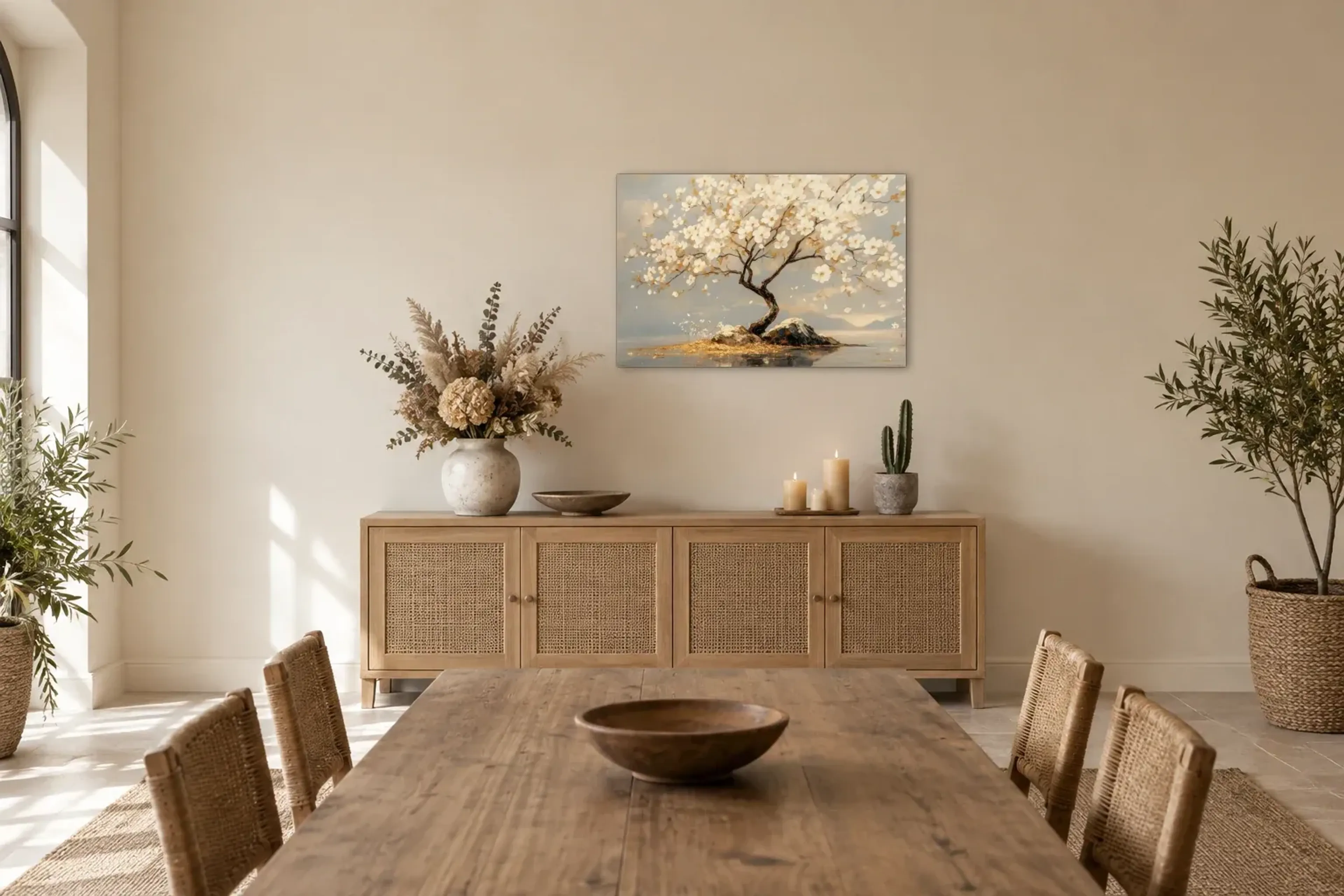 Blütenbaum am Wasser als Wandbild über einem 160-cm-Sideboard