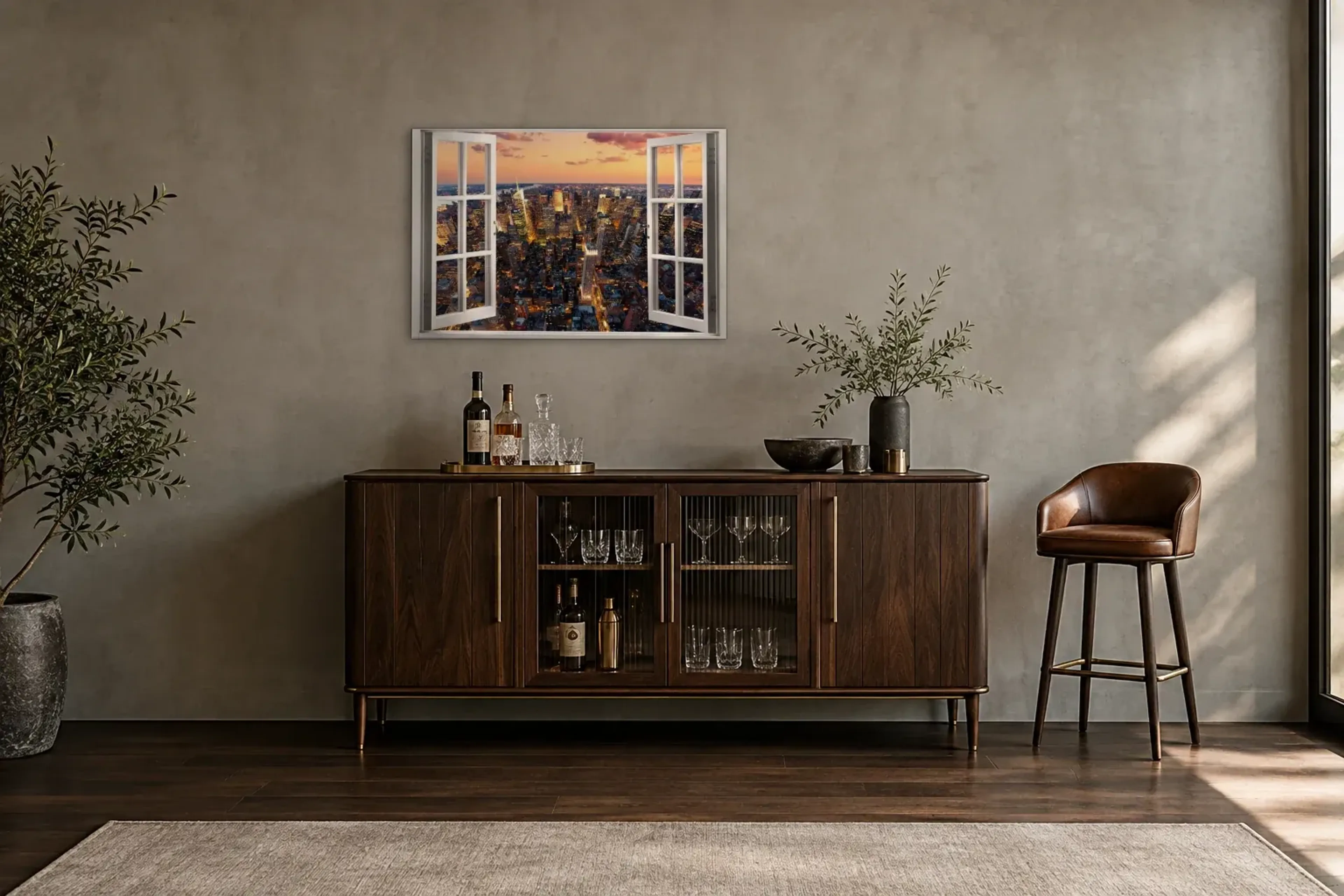 NY Skyline als Wandbild über einem 150-cm-Barschrank